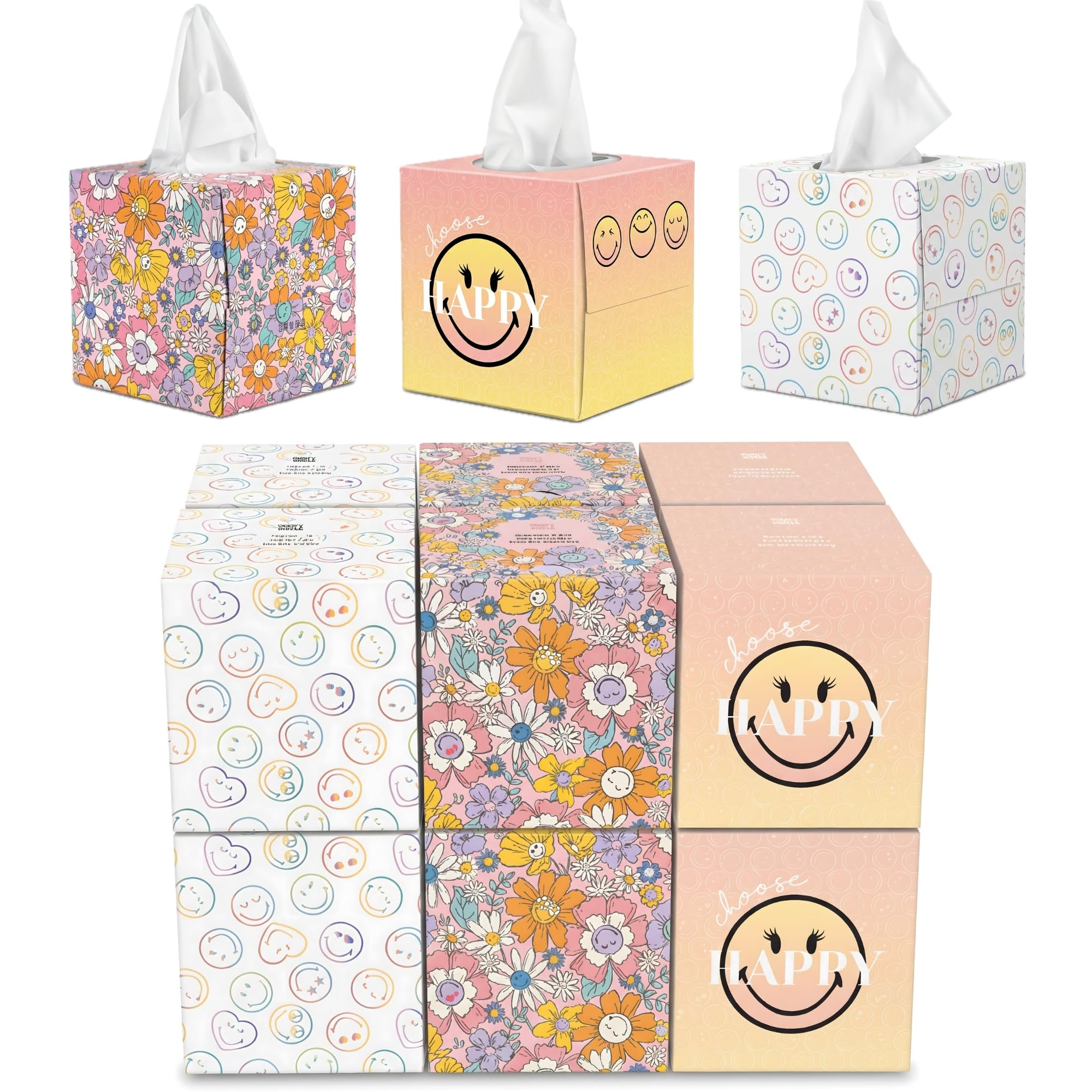 SMILEYWORLD Ultra Soft Taschentücher – 12 Würfelboxen x 48 Blatt (576 Blatt gesamt), 3-lagig – 3 Designs – Taschentuchbox für Zuhause & Büro (Braun, Rosa, Gelb, Weiß, mehrfarbig)