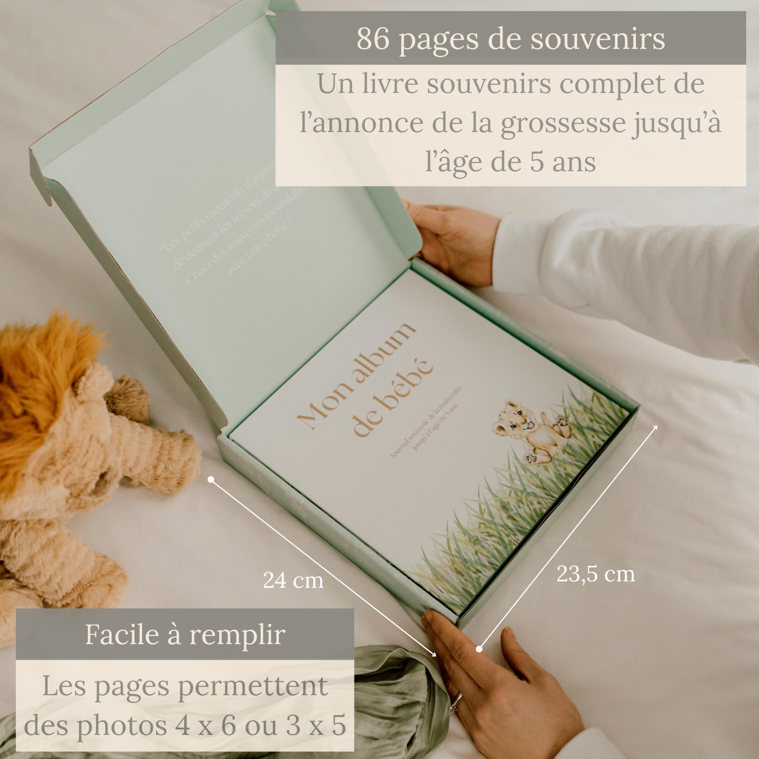 Livre souvenir de bébé – Album de naissance et journal de grossesse français pour garçon et fille, haut de gamme, album photo et cadeau de baby shower avec pochettes souvenirs