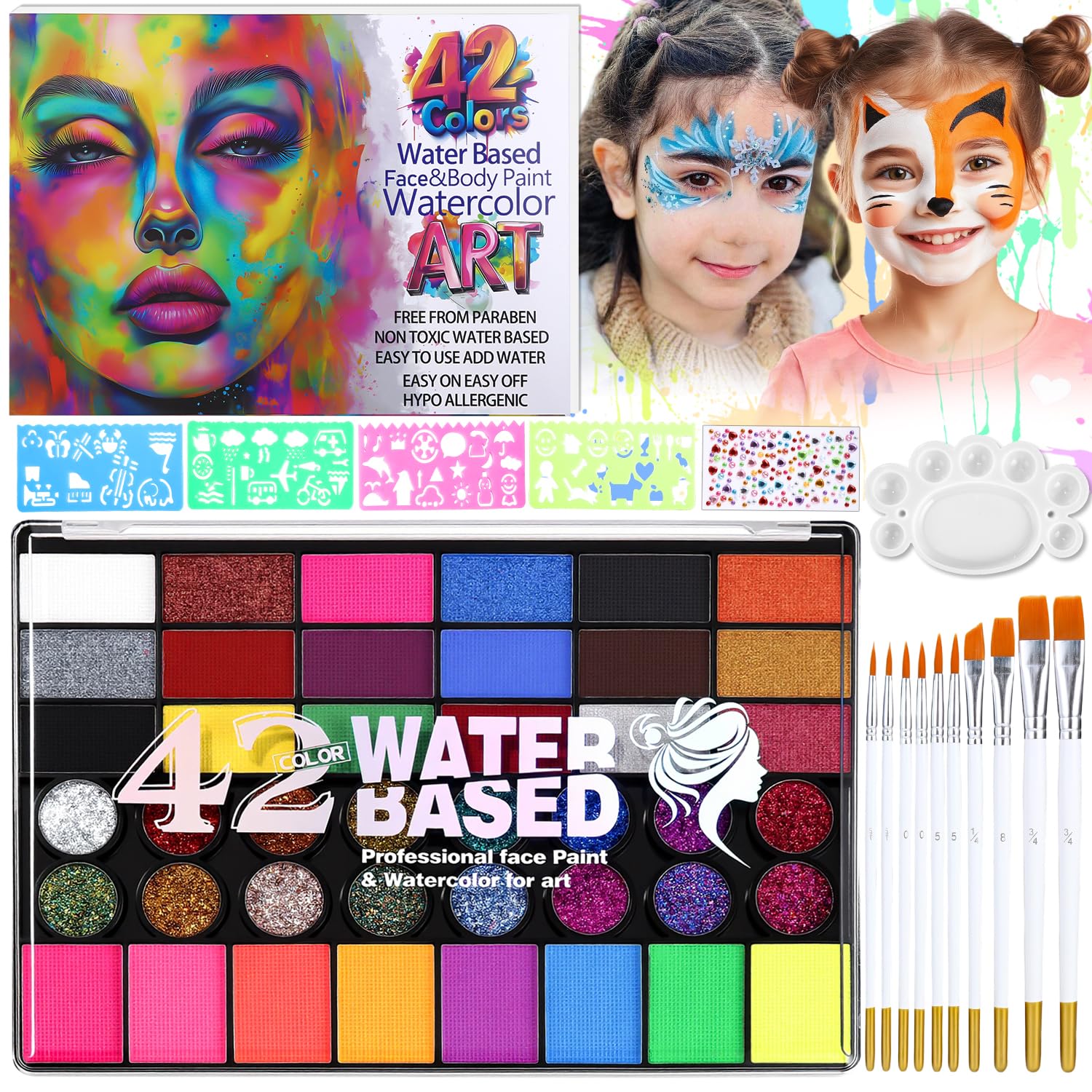 42 Farben Kinderschminken Set, Kinderschminke Set, mit 10 Pinsel, 4 Tattoo-Vorlagen and Glitzersteine Aufkleber, Bodypainting Farben, Gesichtsfarben Kinderschminken, für Halloween Fasching Karneval
