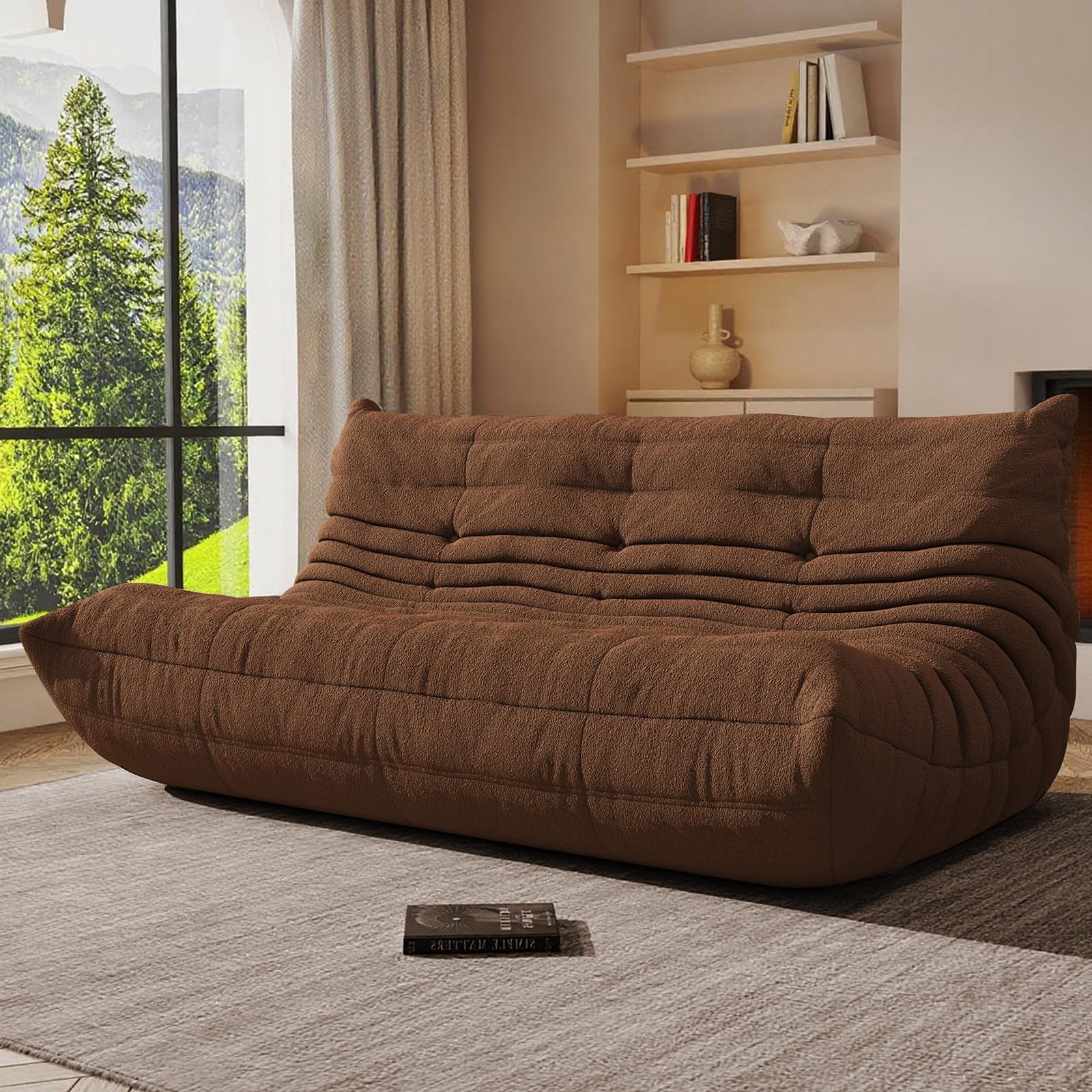 Giant Bean Bag Chair, Oversized Cloud Soft Memory Foam Bean Bag Sofa, Vacuum Compressed No Assembly Comfortable Lounge Couch for Living Room Family Rest Leisure Use (Coffee, 3-Seater)