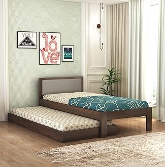 Wooden Single Trundle Bed | Single Bed with 1 Extra Pullout Bed | Wooden Single Bed Cot Palang with Upholstered Headboard for Bedroom, Living Room & Home, Solid Sheesham Wood, Walnut Finish