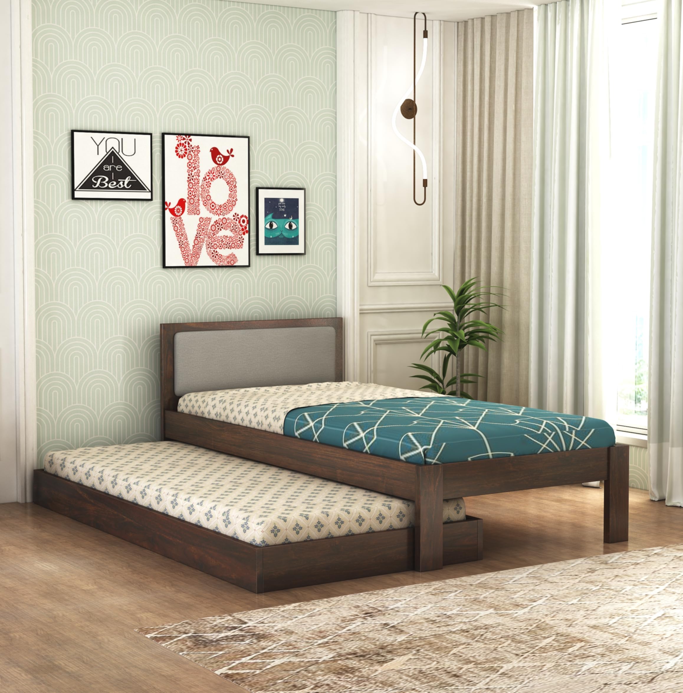 Wooden Single Trundle Bed | Single Bed with 1 Extra Pullout Bed | Wooden Single Bed Cot Palang with Upholstered Headboard for Bedroom, Living Room & Home, Solid Sheesham Wood, Walnut Finish