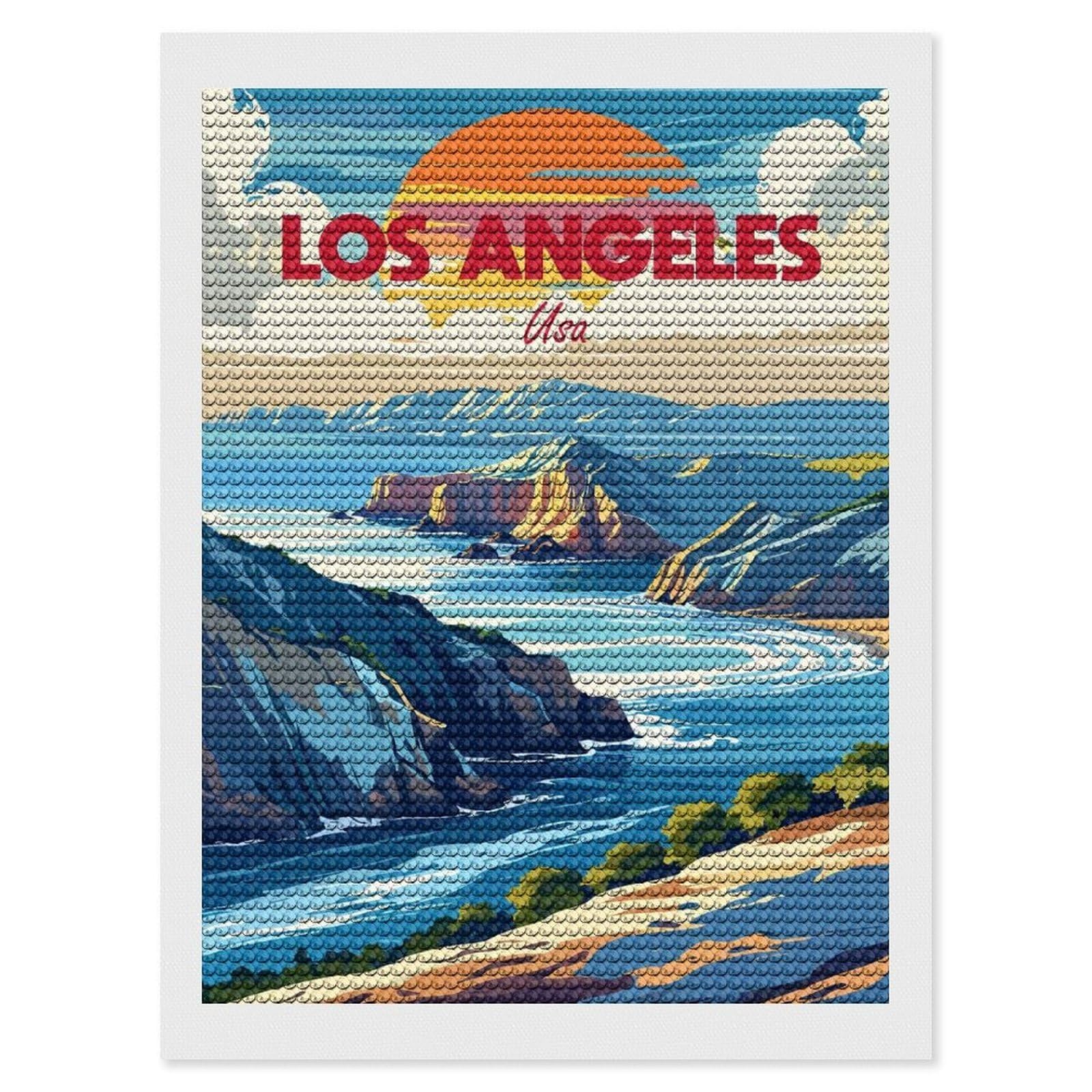 Junmoney Los Angeles USA Coastal Landscape Art DIY Diamond Art Canvas Kit 12"x16", Adhesive Canvas, Easy to Enjoy, Farmhouse Decor, Festive Craft Gift
