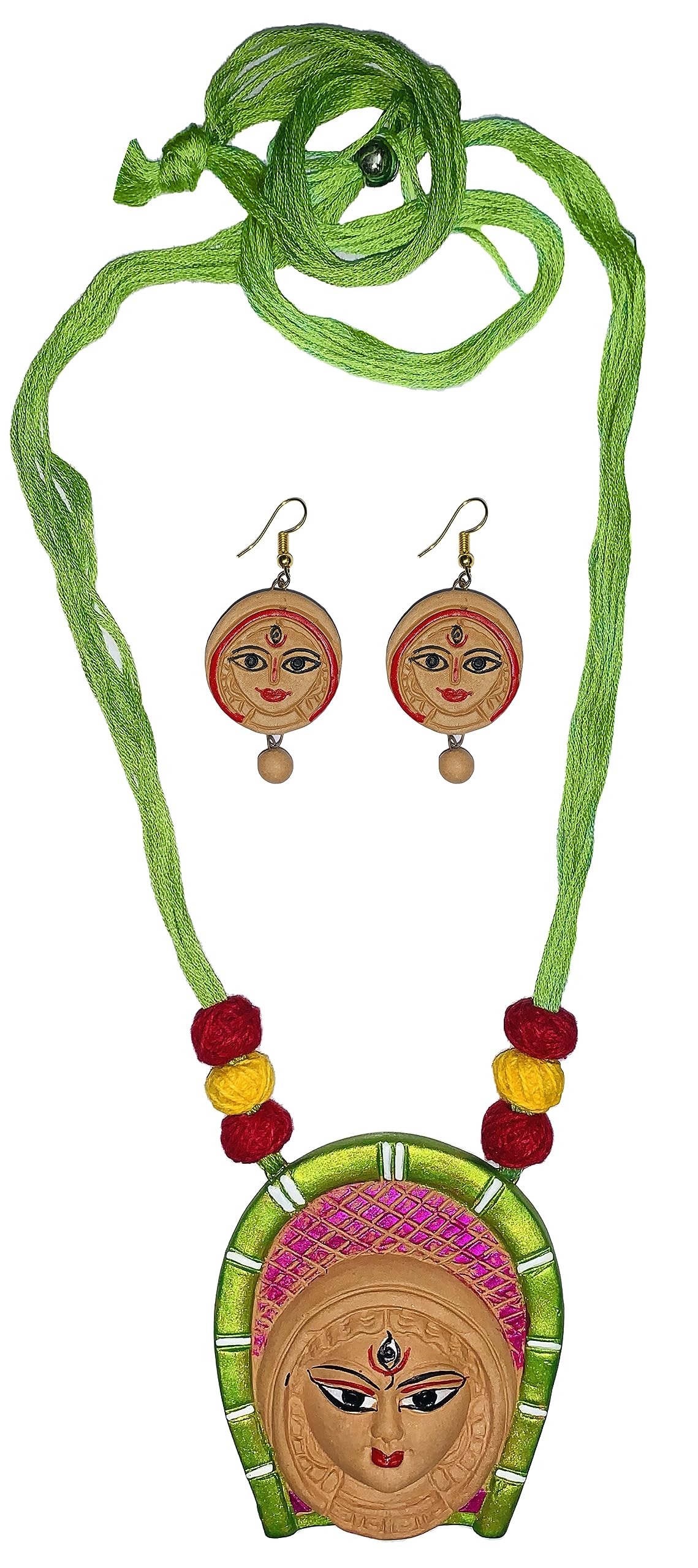 SharanyaD Terracotta Handmade Jewellery Set with necklace and earring, Womens Contemporary Terracotta Necklace - Maa Durga on Muram/Sup/Kulo (Green magenta) (B0CG52YZ5Z) Amazon Price History, Amazon Price Tracker
