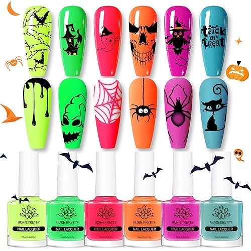 Born Pretty Neon Nail Polish Set, 6 Colors Halloween Quick Dry Nail Polish Hot Pink Orange Yellow Green Blue Purple Fingernail Polish 10ml 0.34oz Fluorescent Glossy Nail Lacquer Polish Set