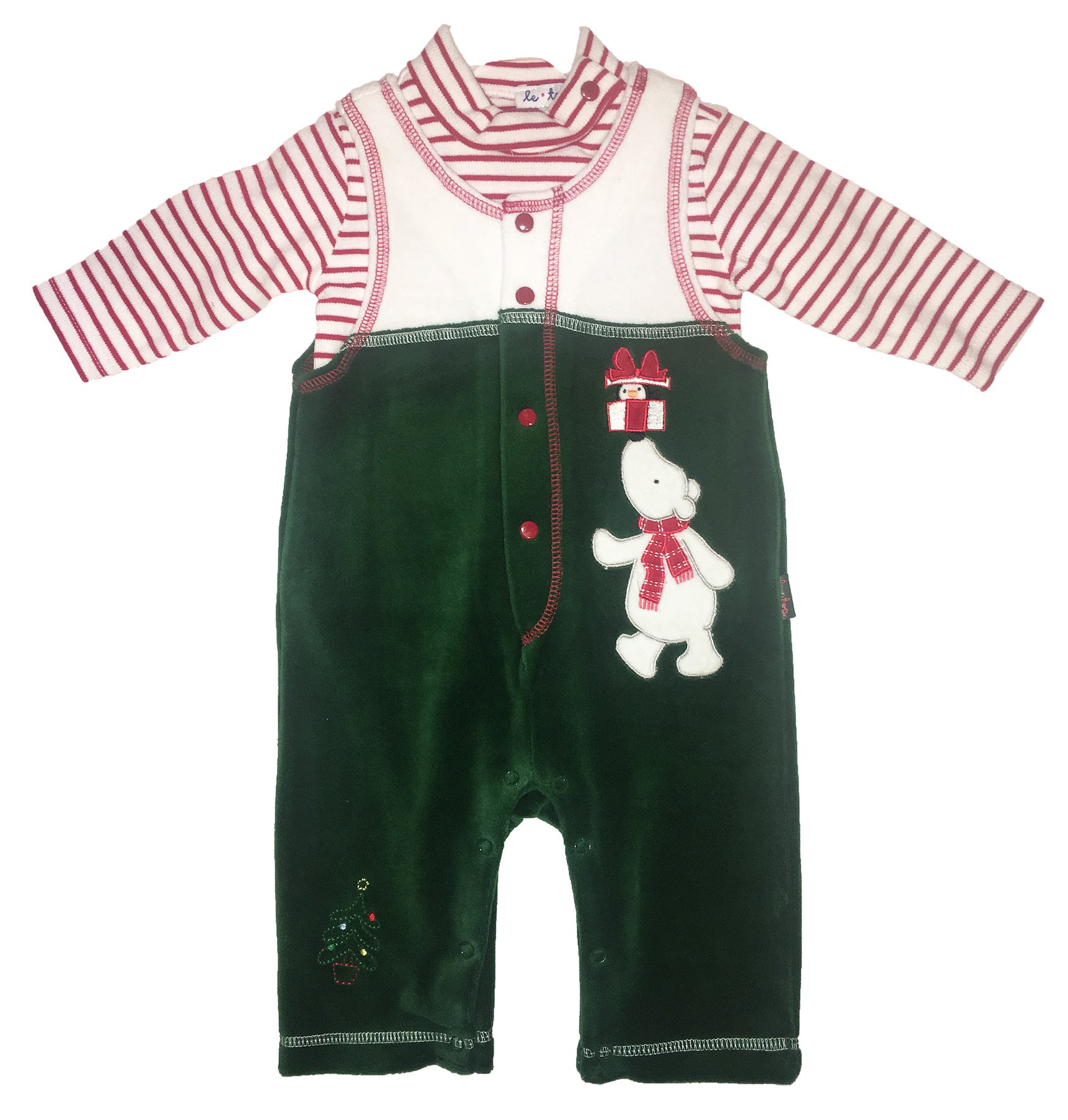 le top kids Bear Velour Overall & Shirt Set (Infant) Red/White/Green