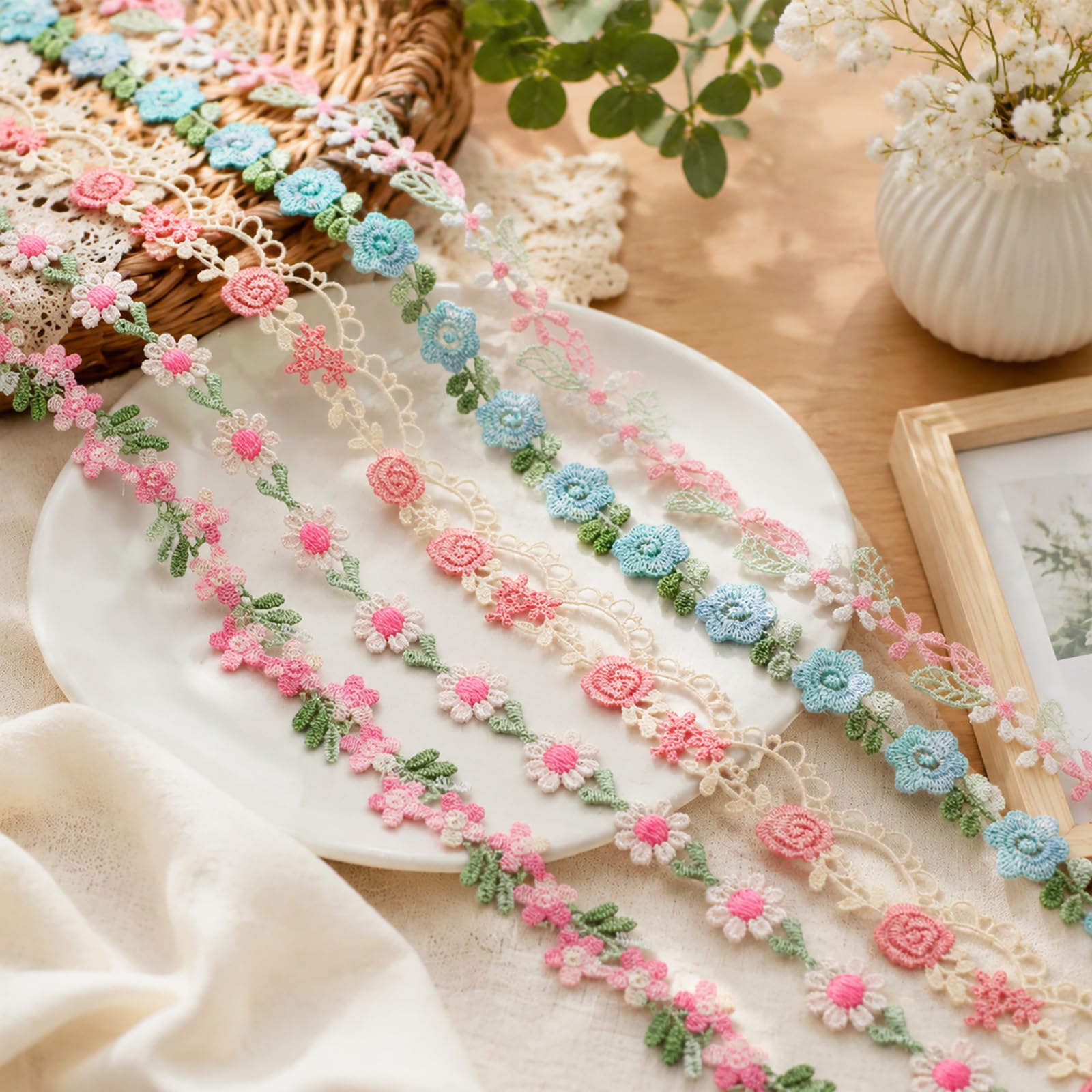 5 Yards Flower Lace Trim Ribbon, Lace with Daisy Flower Eyelet Floral Ribbon Wavy Edge Embroidery Ruffle Trims for for DIY Embroidered Sewing and Craft, Multicolor