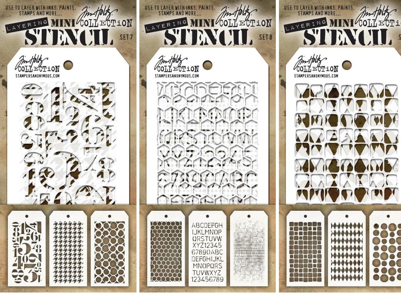 Tim Holtz - Nine Mini Layering Stencils - Numeric, Houndstooth, Rings, Honeycomb, Schoolhouse, Dot Fade, Tiles, Harlequin and Splotches - aka sets 7, 8 & 9