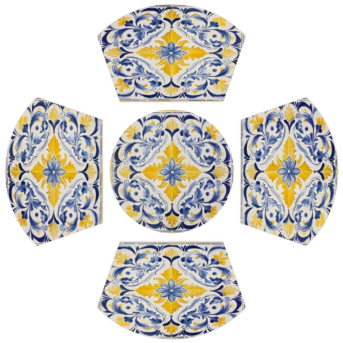 Sets de table ronds vinyle jaunes et bleus lavables pour table ronde et cuisine