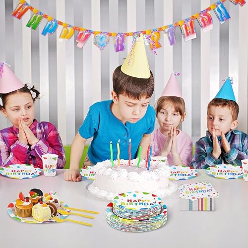 Miniatura 6 de 400 piezas de decoraciones de fiesta de feliz cumpleaños, incluyendo platos de papel desechables, vasos, servilletas, juegos de vajilla para 50 para