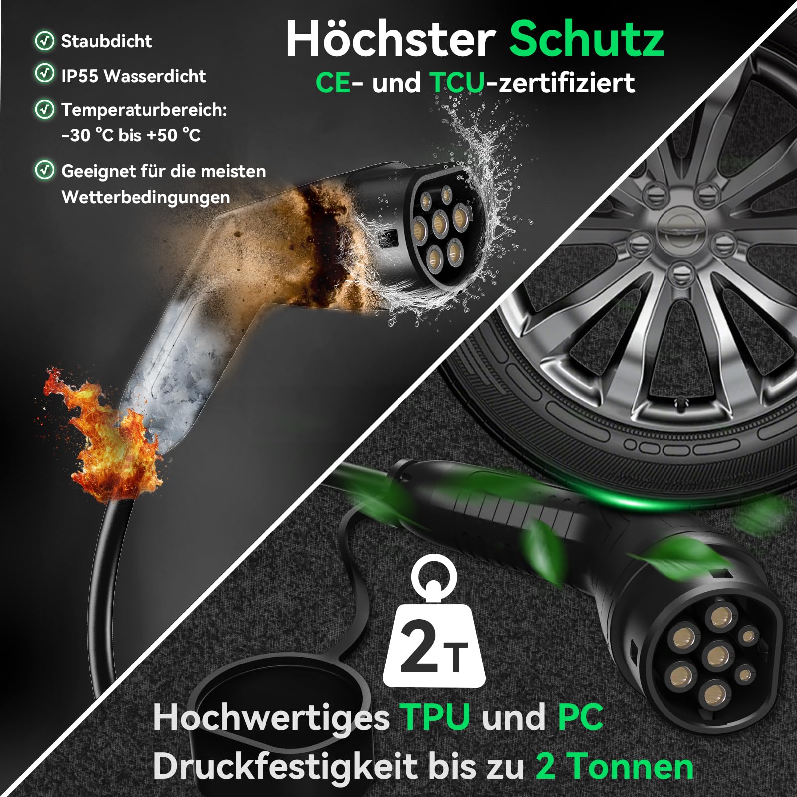 Fullwatt Typ 2 Ladekabel 11KW 10M 16A 3-Phasig mit Tragetasche | Ladekabel Elektroauto Typ 2 Kompatibel mit Model S/3/X/Y, für E Auto EV/PHEV, Schwarz