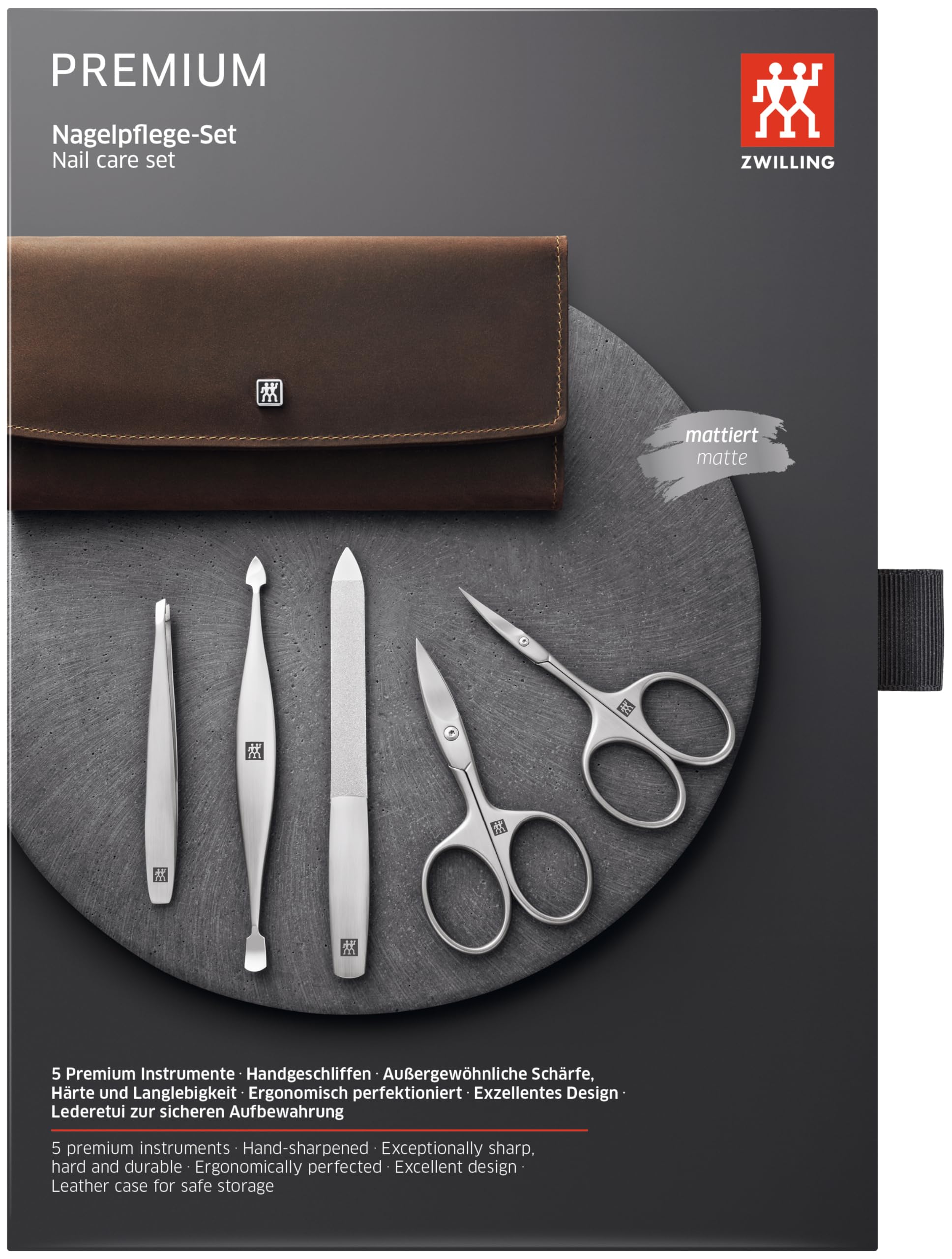 ZWILLING Maniküre-Set (Nagelpflege und Pediküre, Echtleder-Etui, präzise), Premium, Braun