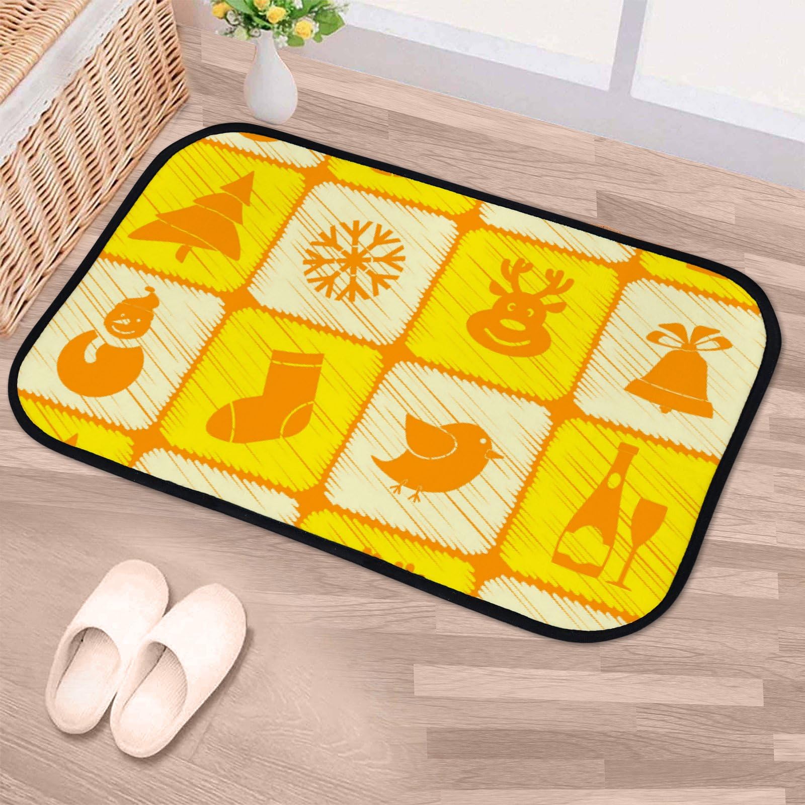 Nuansexi Bathroom Rugs Christmas Symbols Yellow Floor Mats Non Slip Bathmat Doormat Tub Mat Coral Velvet Absorbent Entrance Carpet Mats Machine Washable Bedroom Decor