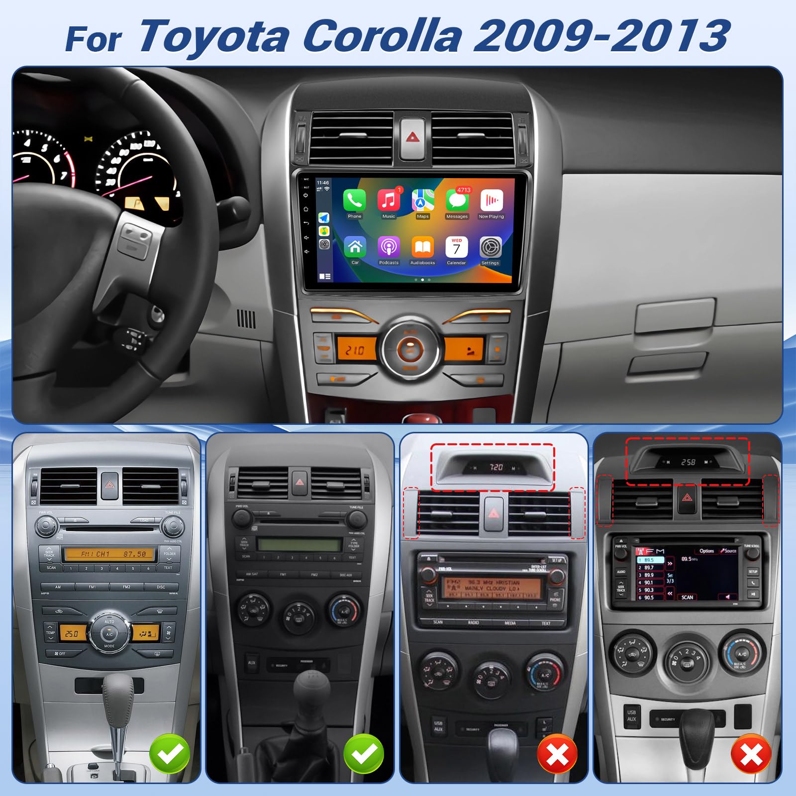 Naifay Android Car Radio for Toyota Corolla 2009 2010 2011 2012 2013 with Wireless Carplay Android Auto, 2+32G 9 inch Touch Screen for Corolla Stereo Bluetooth Car Audio Receivers In Dash GPS WiFi SWC