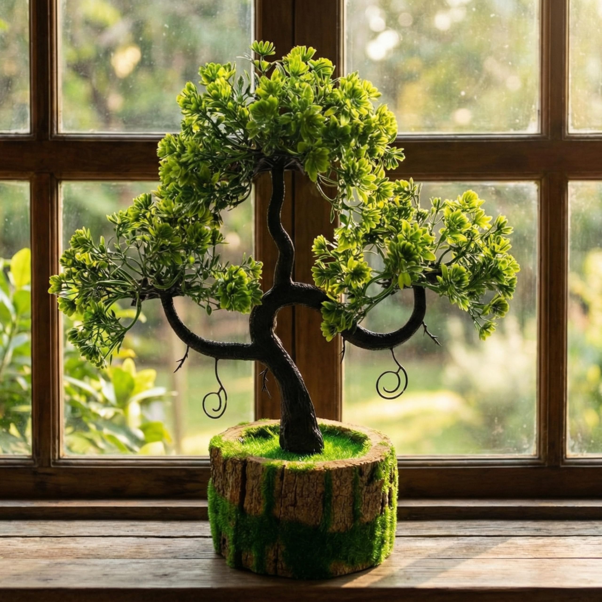 Dekorly Artificial Plants with Green Wooden Pot Fake Bonsai Plants Greenery Desktop Display Simulation,Office,Home Office Bedroom Living Room Tabletop Bathroom Decor | Height : 25CM (Green) - Image 4 thumbnail