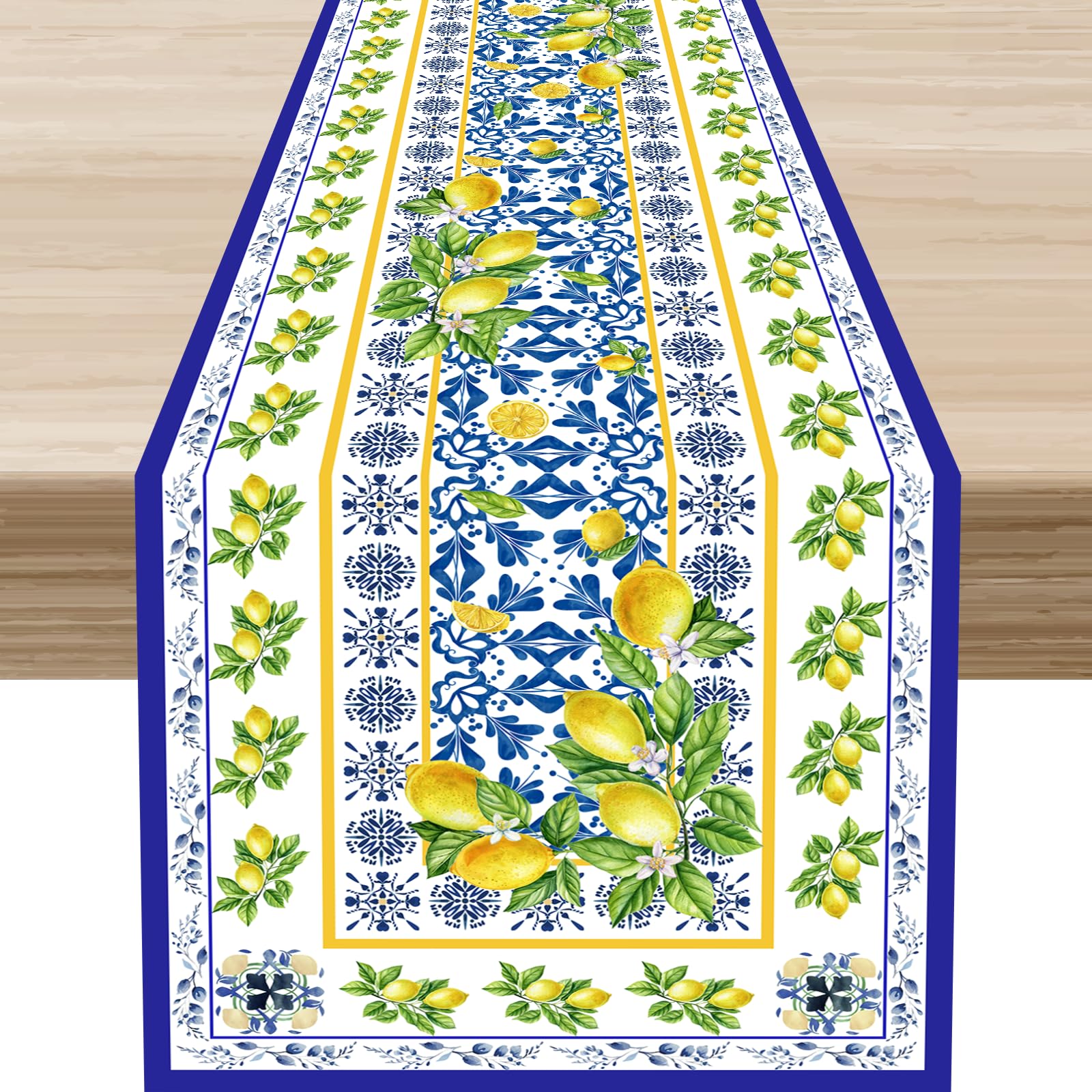 Lemon Table Runner, Summer Lemon Mediterranean Ceramic Italy Blue Tile Farmhouse Seasonal Table Runners Kitchen Dining Decor for Table Center Home