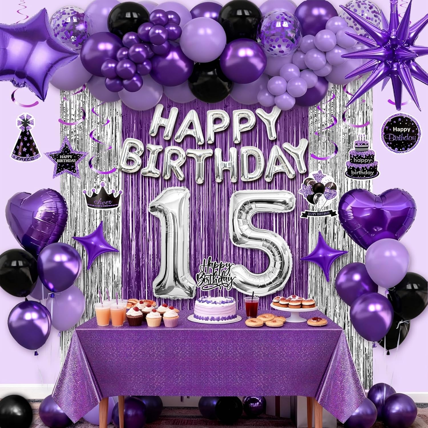 Purple Black Happy 15th Birthday Decorations, 15th Party Packs for Girls