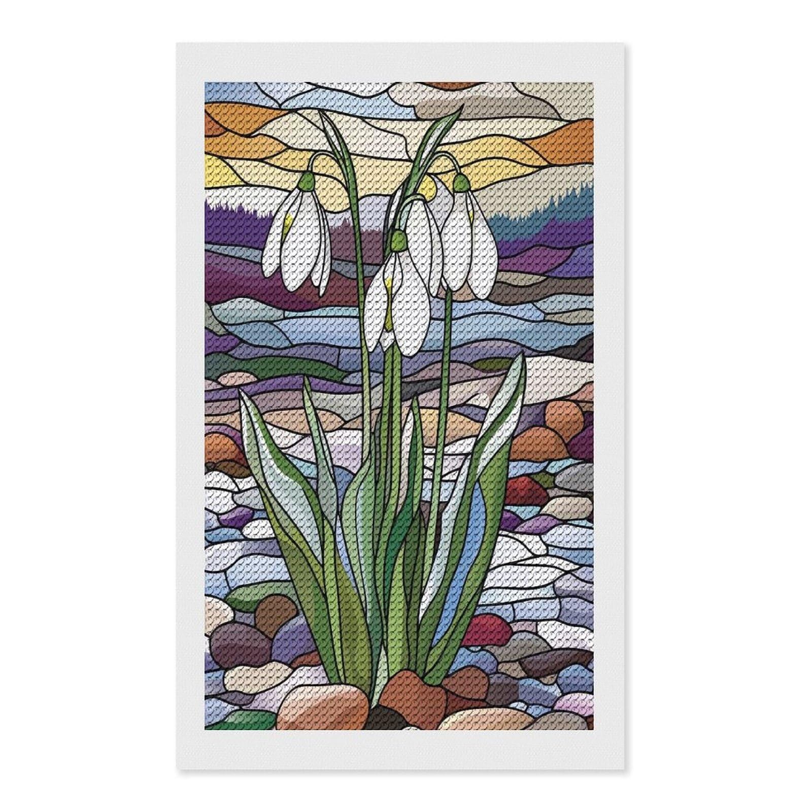 Junmoney Snowdrops in Stained Glass Diamond Painting Canvas Kit 12"x20", Adhesive Canvas, Living Room Decor, Farmhouse Decor, Winter Craft