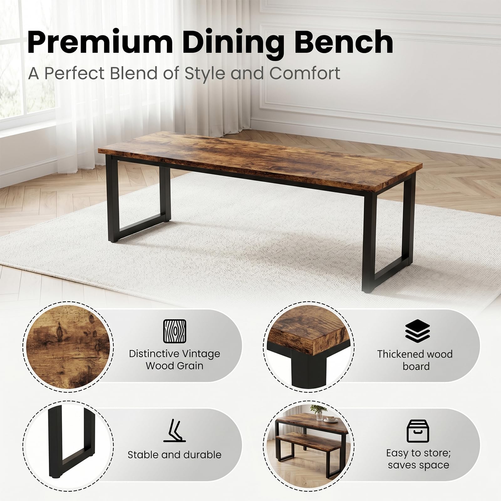 JIEXI Set tavolo da pranzo con 2 panche, tavolo da cucina rustico da 145 cm e panche per 4-6 persone, tavolo da pranzo in legno con robusta struttura in metallo