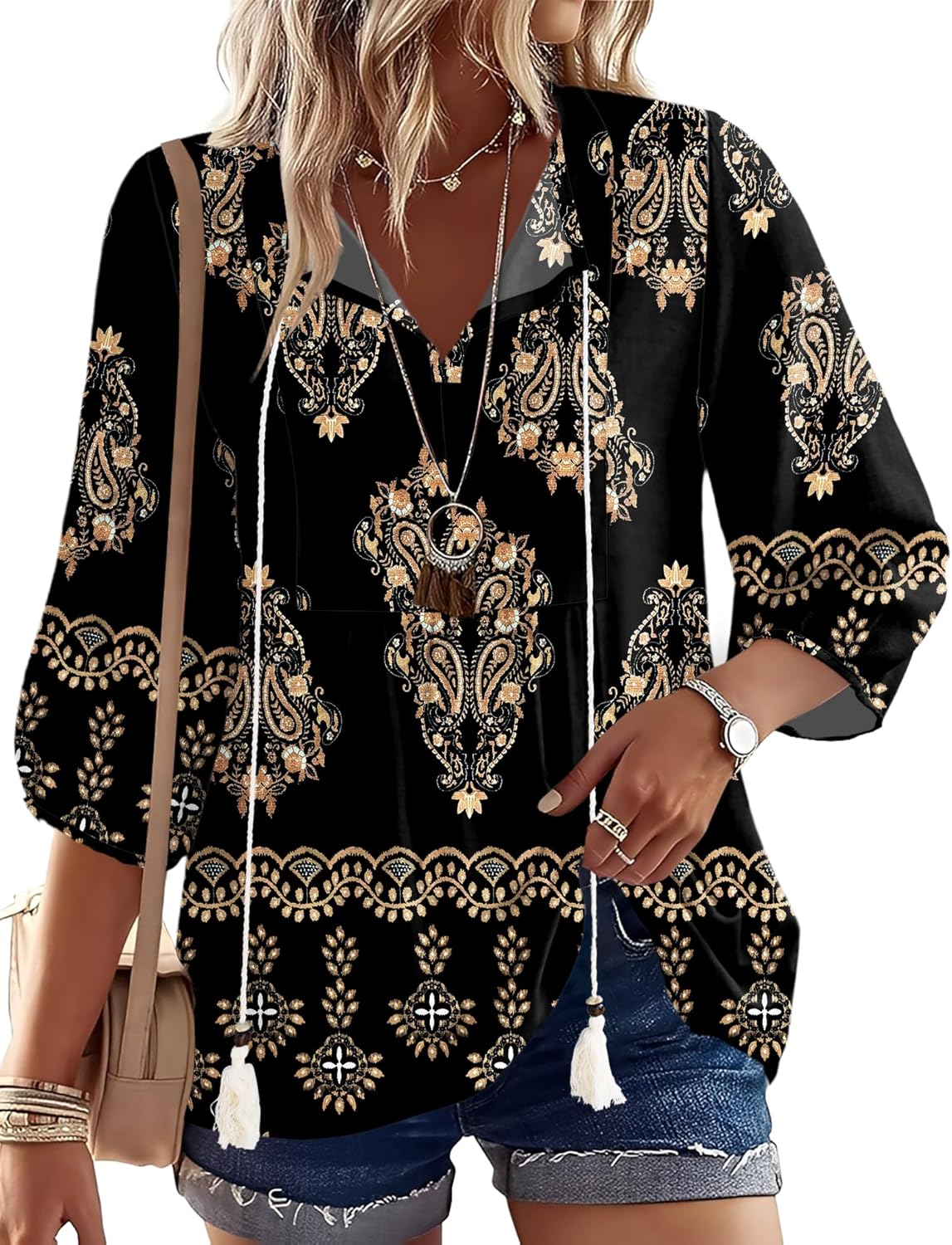 Rapbin Women Summer Boho Tops 3/4 Sleeve Pleated Blouses Casual V Neck Tie Front Spring Tunic Tops
