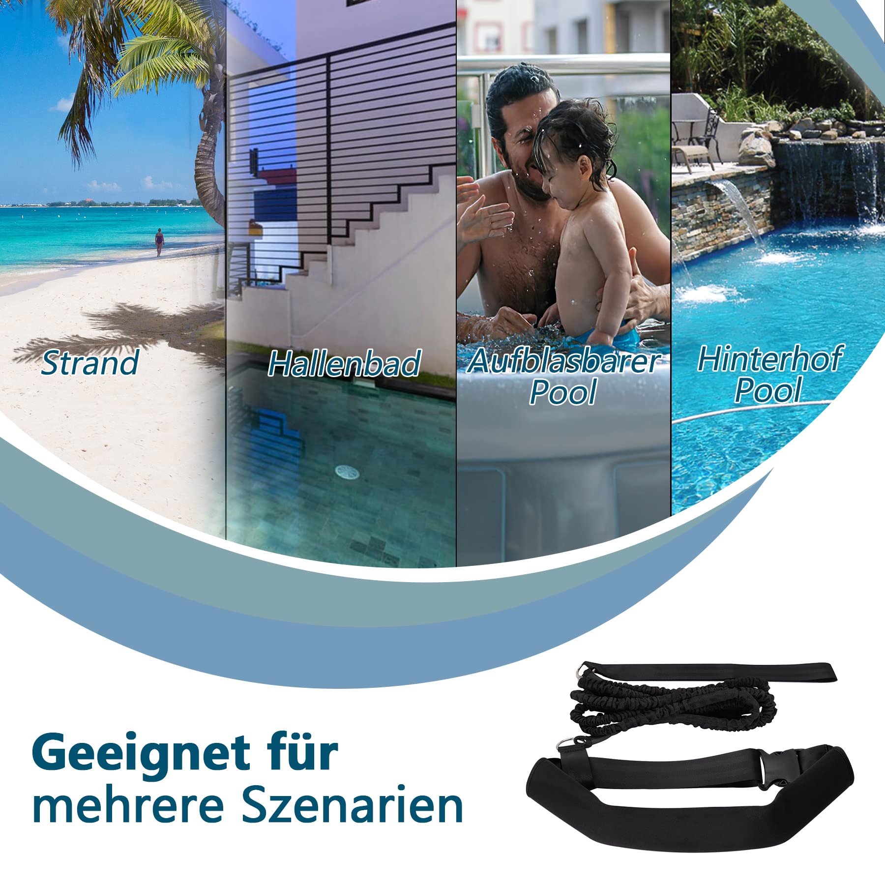 BOOSTEADY Schwimmgurt für Pool 3.6M Einstellbare Schwimmwiderstand Gürtel Schwimmhilfe Schwimmtrainer Gürtel Leine für Kinder Erwachsene