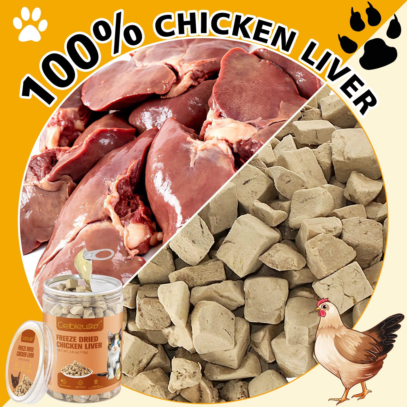 Liofilizowana przekąska dla kotów, 110 g, liofilizowana wątroba z kurczaka dla psów i kotów, 100% wątróbka z kurczaka, przekąski o wysokiej zawartości białka do treningu lub jako przyprawa do posiłków