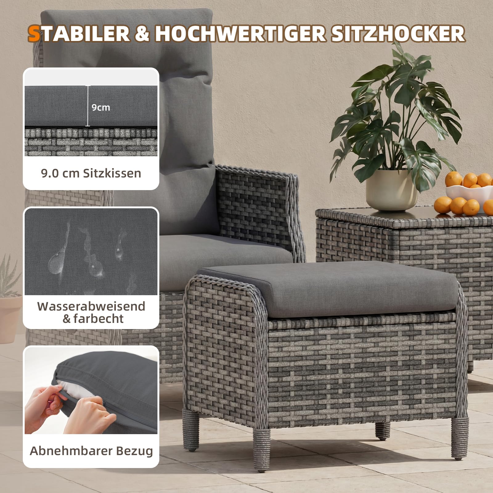 UDPATIO Rattan Gartenmöbel Set 5-teilig mit Verstellbaren Sessel, Fußhocker und Couchtisch | Lounge Möbel Outdoor Set | Balkonmöbel Kleiner Balkon | Wetterfest Terrassenmöbel | Dunkelgrau