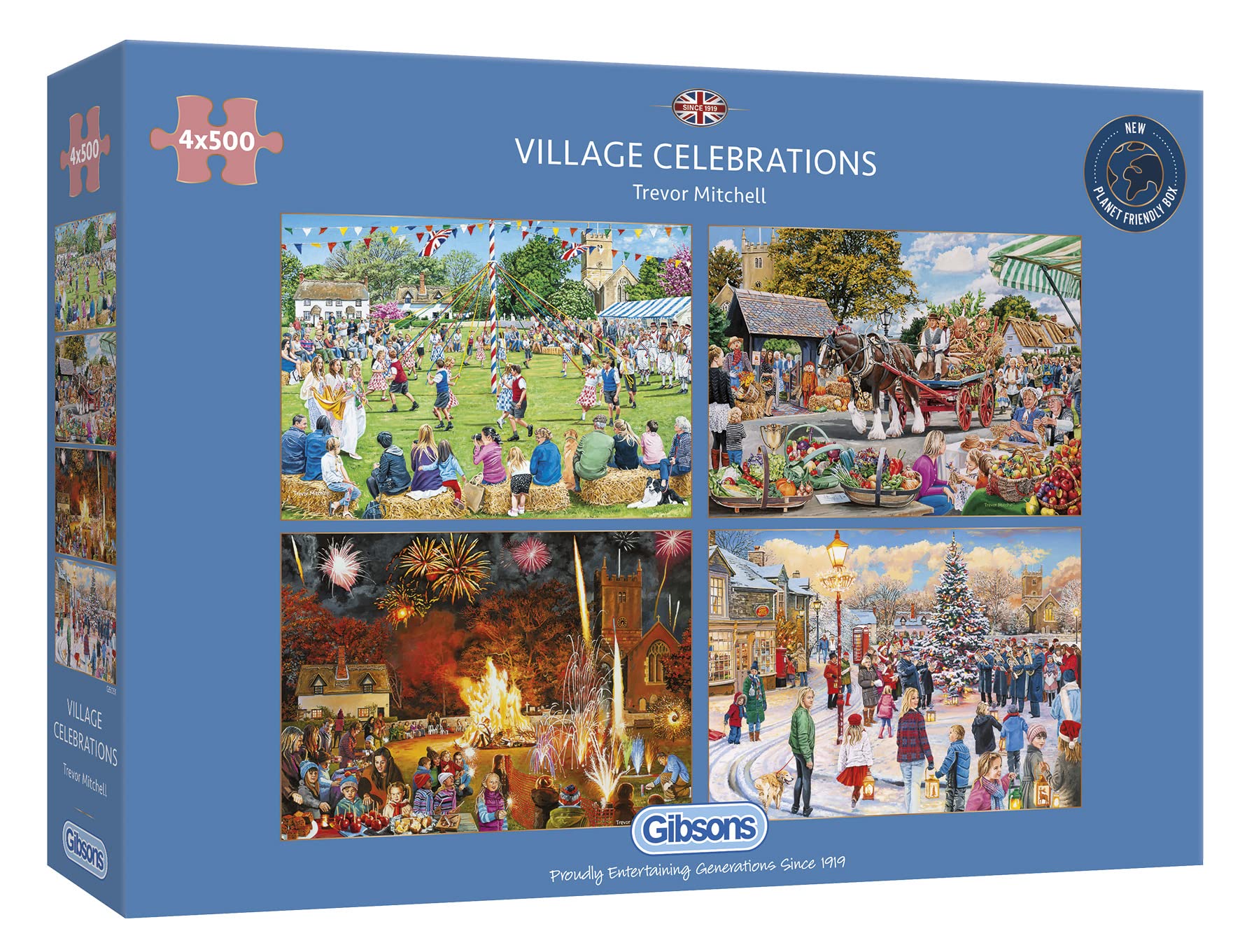 Village Celebrations | 4 x 500 Piece Jigsaw Puzzles | Multi-Box Jigsaw | Sustainable Puzzle for Adults | Premium 100% Recycled Board | Great Gift for Adults | Gibsons Games