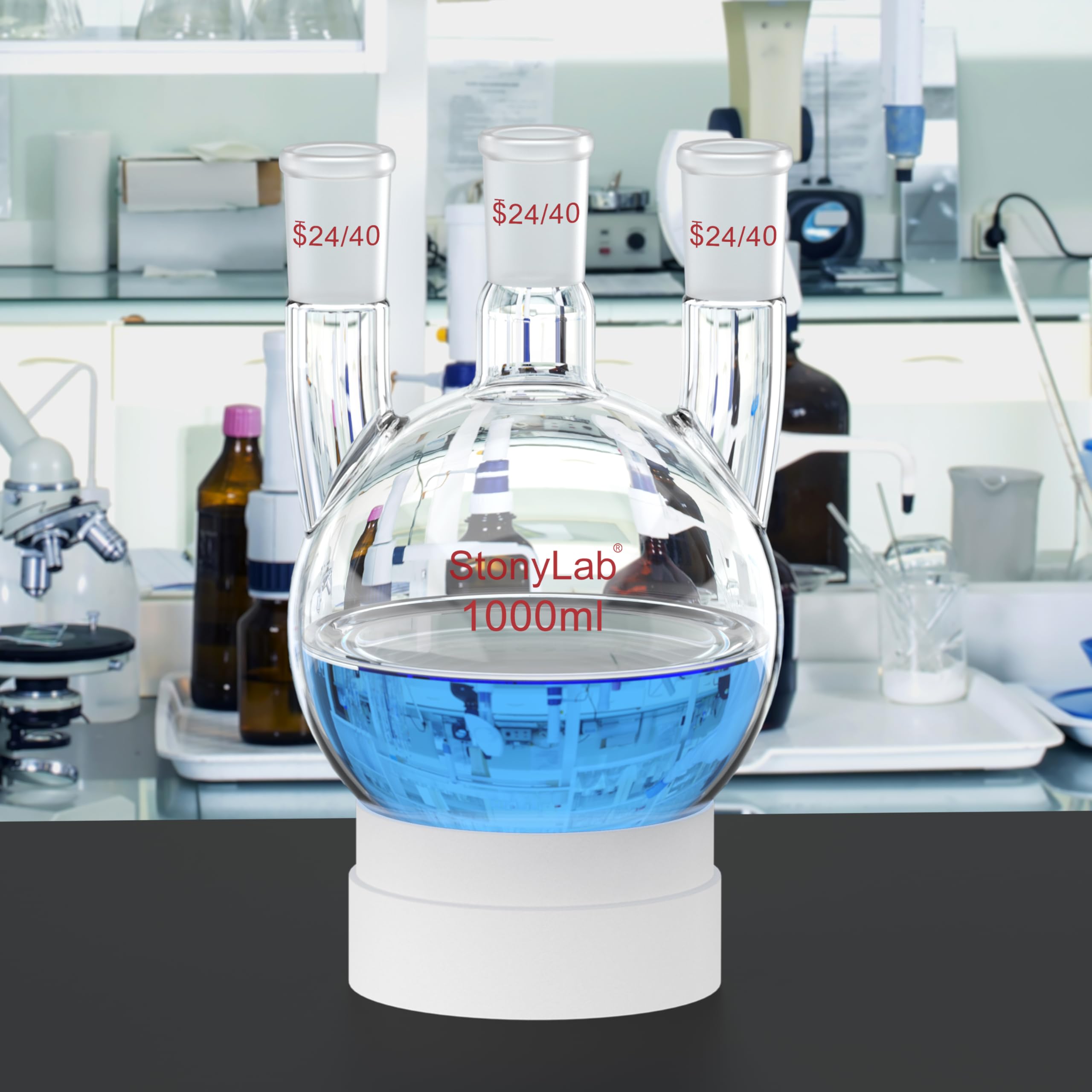 stonylab Pallone a Fondo Tondo 1000 ml con 3 Collo Dritto-24/40, Vetro Borosilicato, Ideale per Chimica, Laboratorio, Esperimenti, Distillazione e Reflusso
