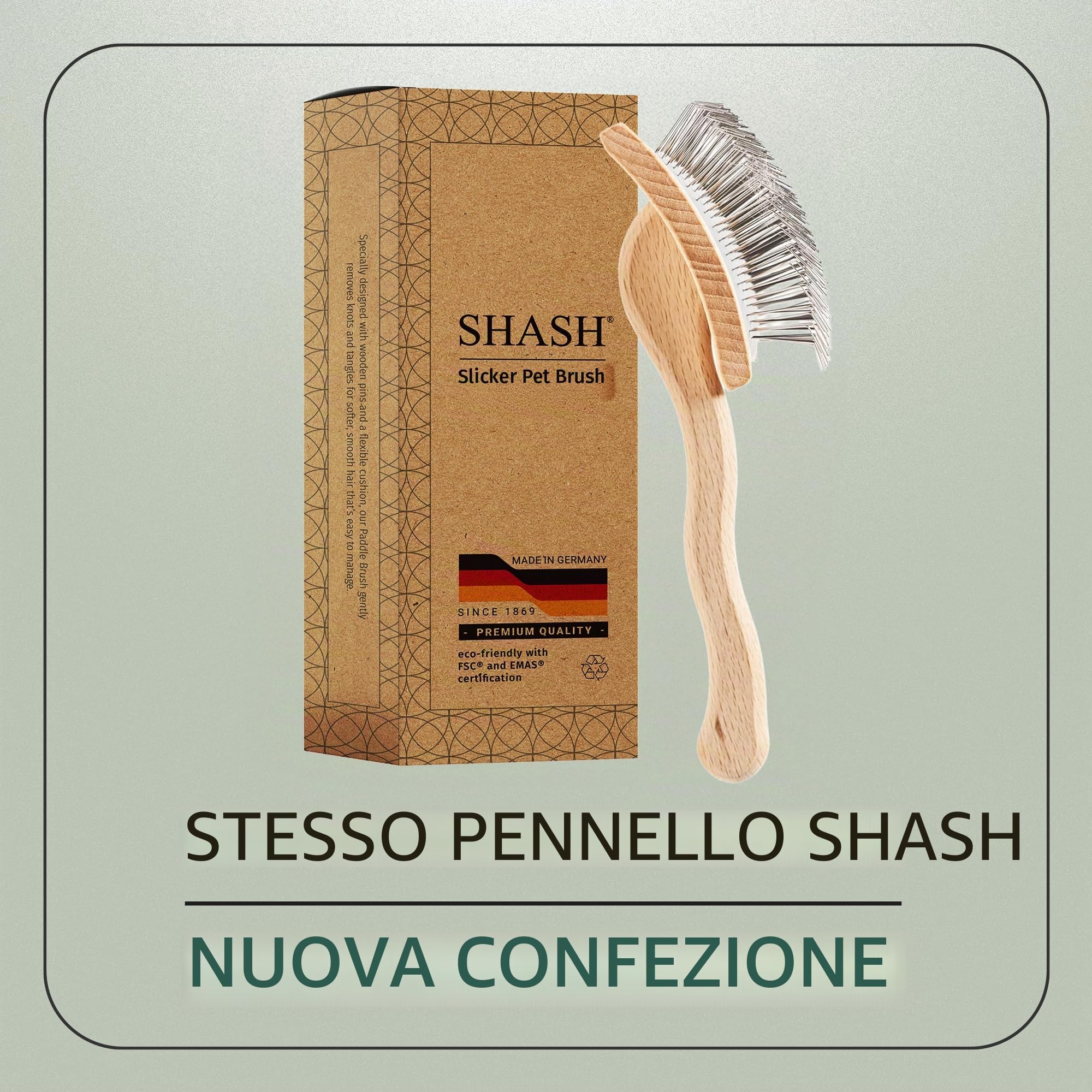 SHASH Dal 1869, spazzola per animali domestici fatta a mano in Germania, con perni in metallo curvo e cuscino in gomma, aiuta a districare i nodi, eliminare l'effetto crespo, ridurre la trazione e