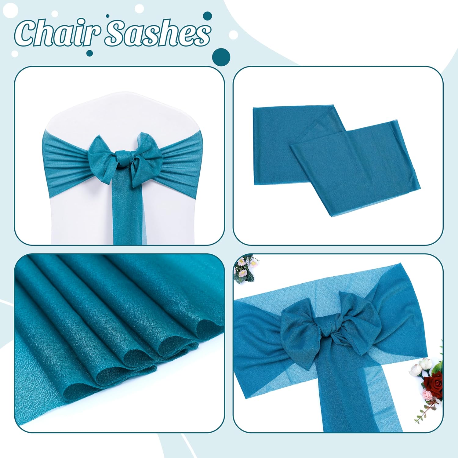 VDS Pack of 16, Dark Teal, Sheer Chiffon Chair Sashes Bows Chair Cover Back Tie Ribbon for Wedding Birthday Baby Shower Engagement Ceremony Event Party Banquet Restaurant Dining Chair Decoration