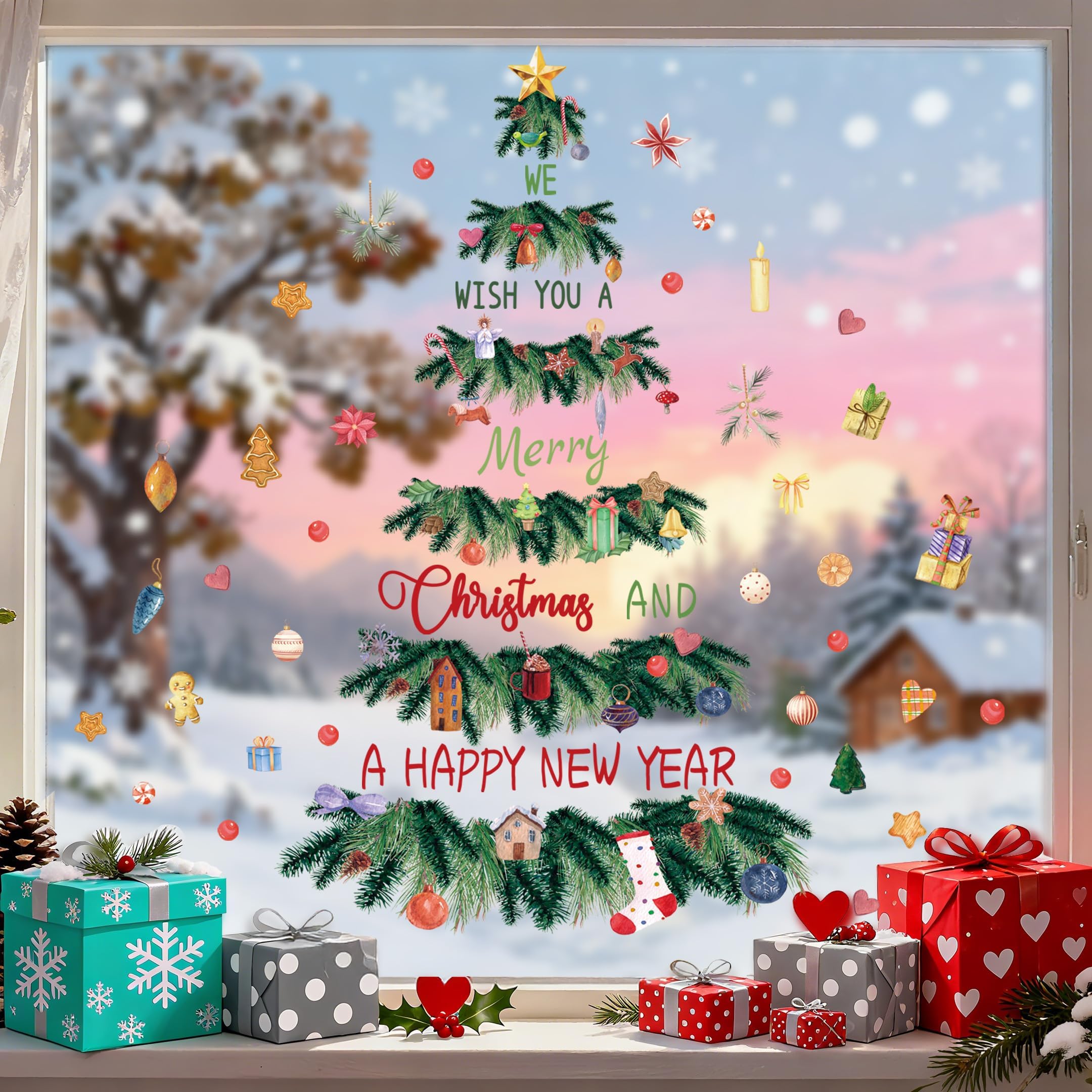LHIUEM Merry Christmas Quotes Wall Decals Double-Side Happy New Year Quotes Window Clings Double-Visual Xmas Window Clings Colorful Christmas Tree Snowflake Stickers for Wall Xmas Party Supplies