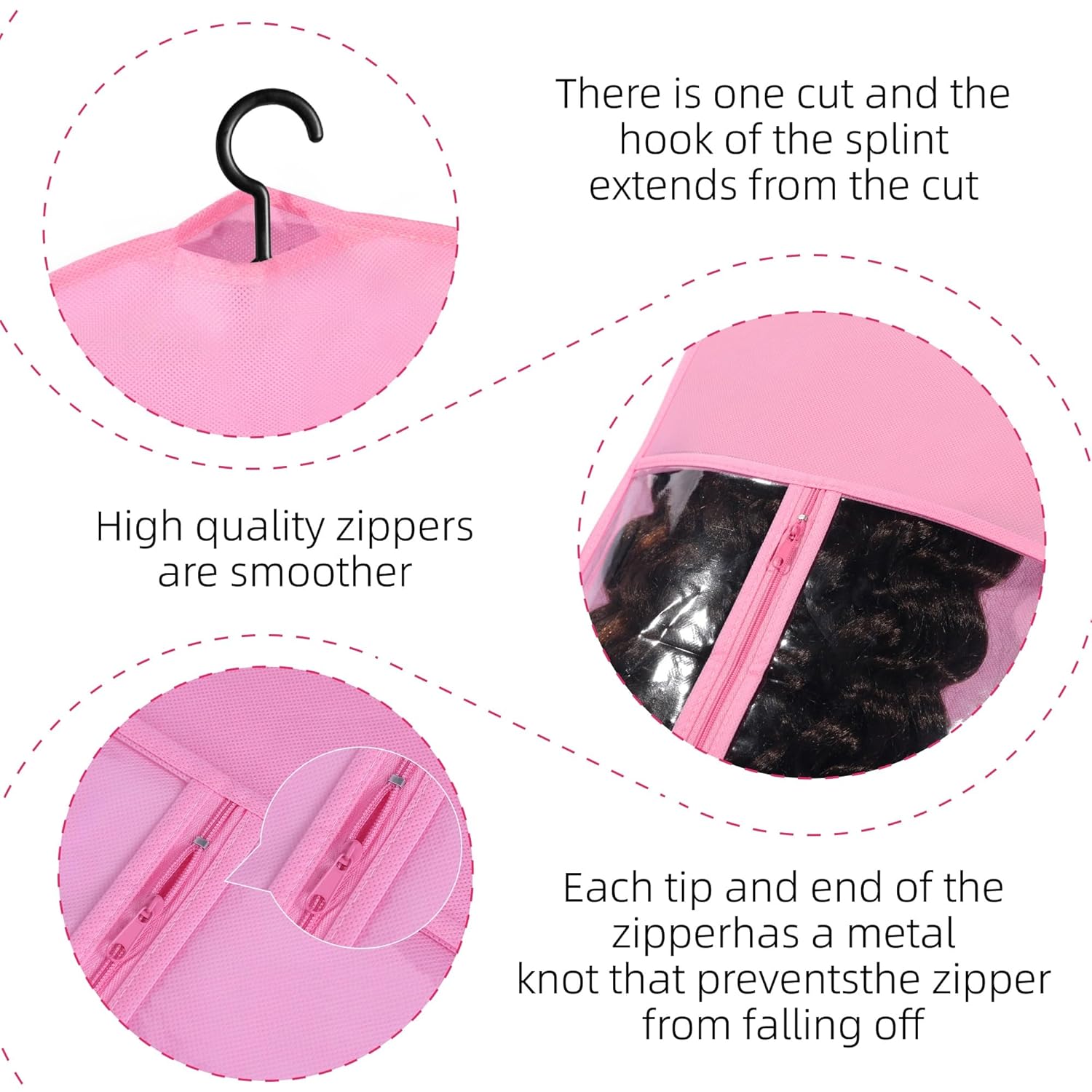 3PCS Hair Extension Holder Dust-proof Bags with Hanger Portable Storage for Multiple Wigs Holder Stand with Transparent Zip Up Closure