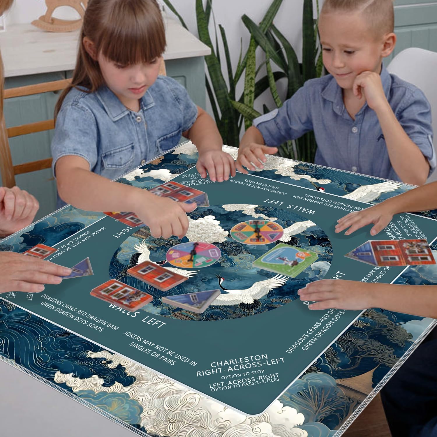 Oriental Chinese White Crane Mahjong Mat, Traditional Green Chinoiserie Non-Slip Noise Reduction Gaming Mat 31.5 x 31.5 Inch for Table American Mahjong Games Card Games Poker Board Dominoes