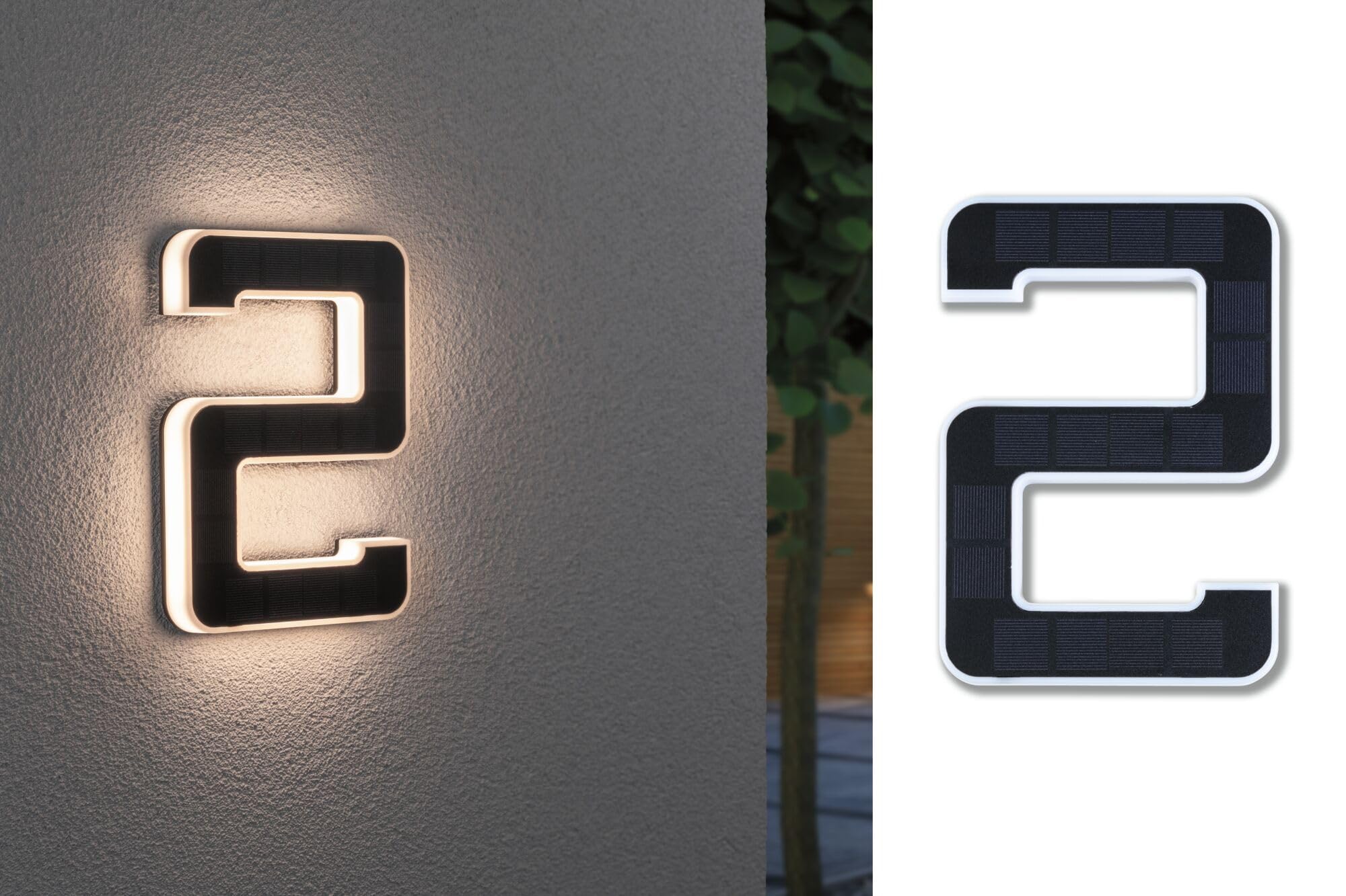 Paulmann 79843 Número de casa 2 LED Solar IP44, blanco cálido, batería intercambiable incl. 1x0,2 W, luminaria solar, negro, lámpara solar, plástico, luz solar 3000 K