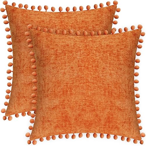 CaliTime Juego de 2 fundas de almohada de felpilla suave teñidas con pompones para sofá, decoración del hogar, 20 x 20 pulgadas, color naranja