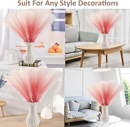 Miniatura 6 de Decoración de hierba de pampa rosa, 30 piezas de 17 pulgadas de hierba de pampa sintética, arreglo floral de pompas y relleno de jarrón para
