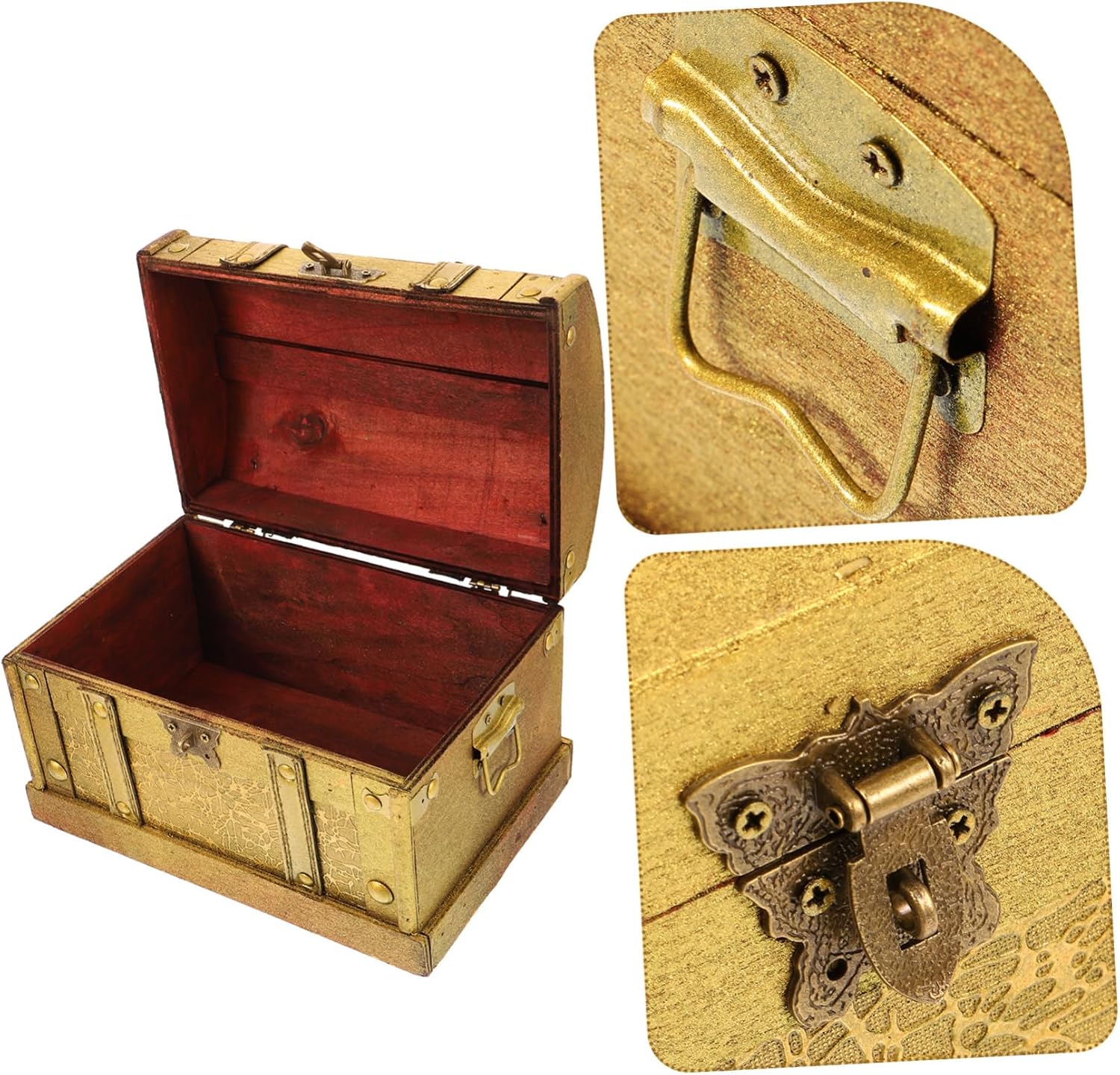 OUNONA Vintage Wooden Treasure Chest Box with Lock Gold Color Small Size Jewelry Storage Organizer for Collectibles and Trinkets for Home Decor Style