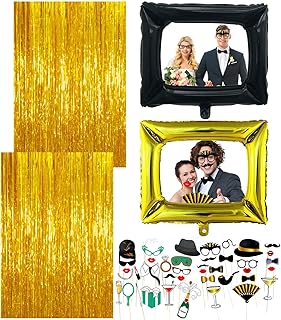 44 Stück Fotobox Accessoires Hochzeit, Foto Booth Requisiten mit Aufblasbarer Fotorahmen und Lametta Vorhang Gold, Lustige Mützen Perücken Party Zubehör für Weihnachten Hochzeit Geburtstag