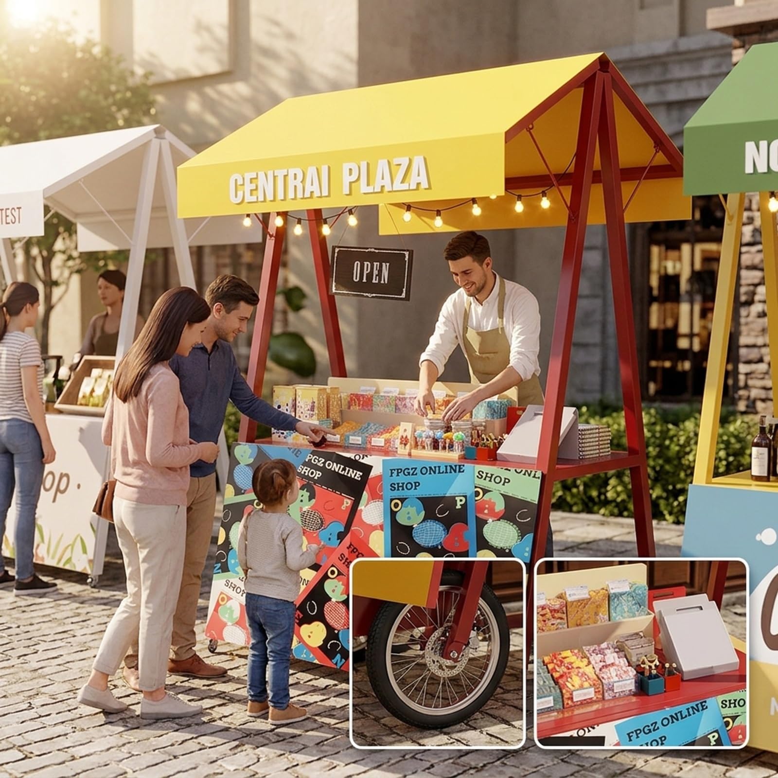 Carretto ambulante portatile con tettoia, Banco/Stand in ferro su ruote per mercati agricoli, Chiosco pieghevole la vendita di dolci – per mercati contadini e fiere dell'artigianato(Green)