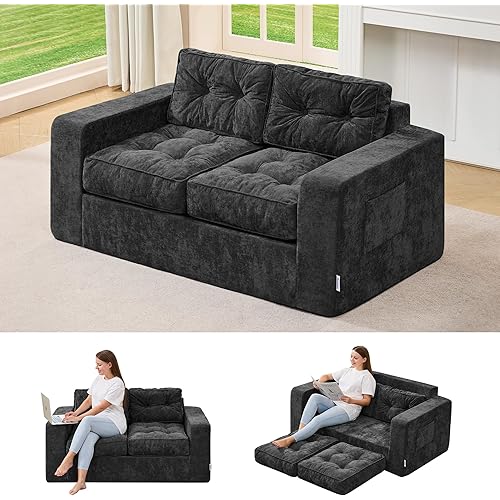 Hobestluk Sofa Couch Loveseat Sofa with Chenille Fabric 2-Seater Sofa for Small Spaces Comfortable Foam Floor Sofa 2 in 1 Boneless Couch for Living Room Bedroom Apartment or Office (Grey, Loveseat)