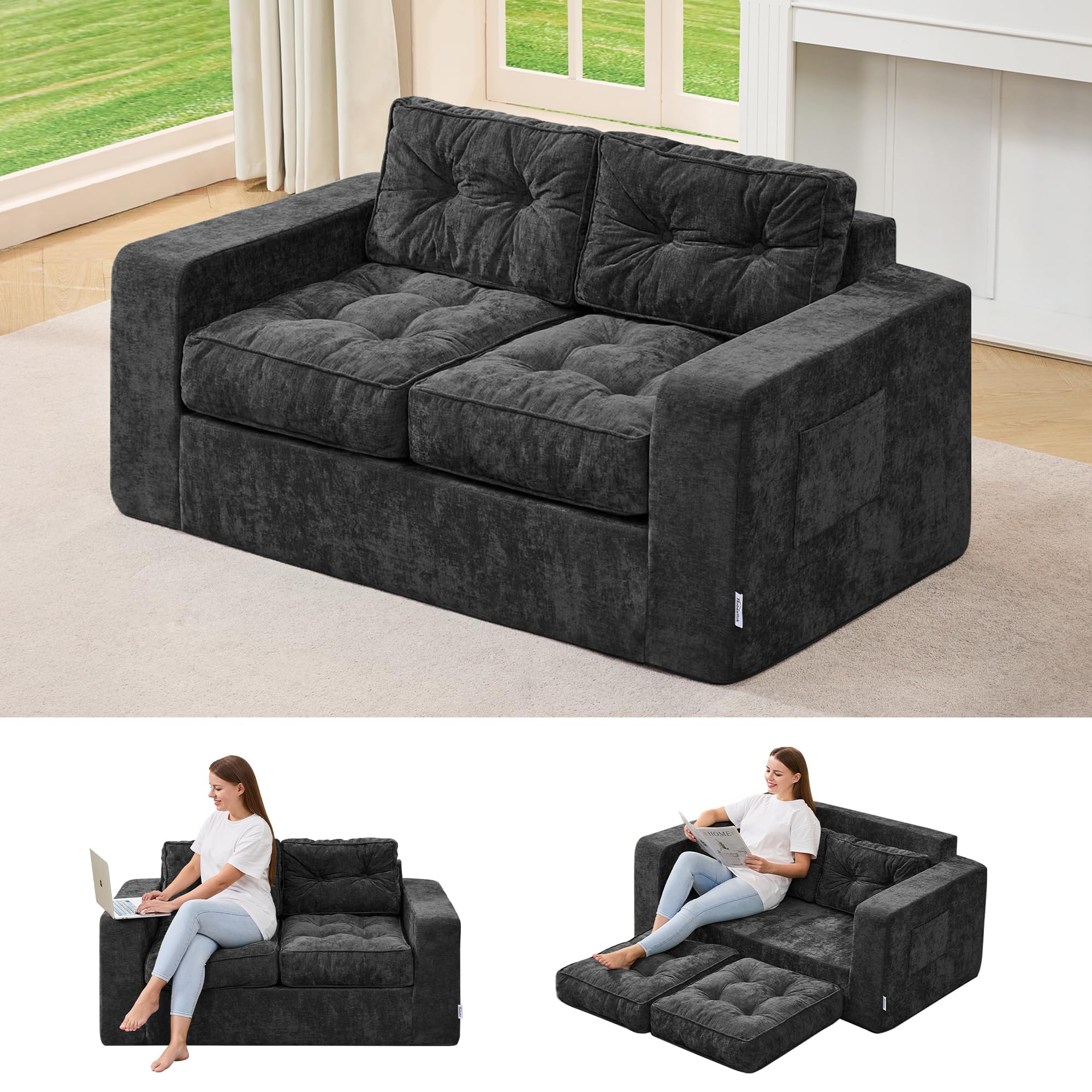 hobestluk sofa couch loveseat sofa with chenille fabric 2-seater sofa for small spaces comfortable foam floor sofa 2 in 1 boneless couch for living room bedroom apartment or office (grey, loveseat)