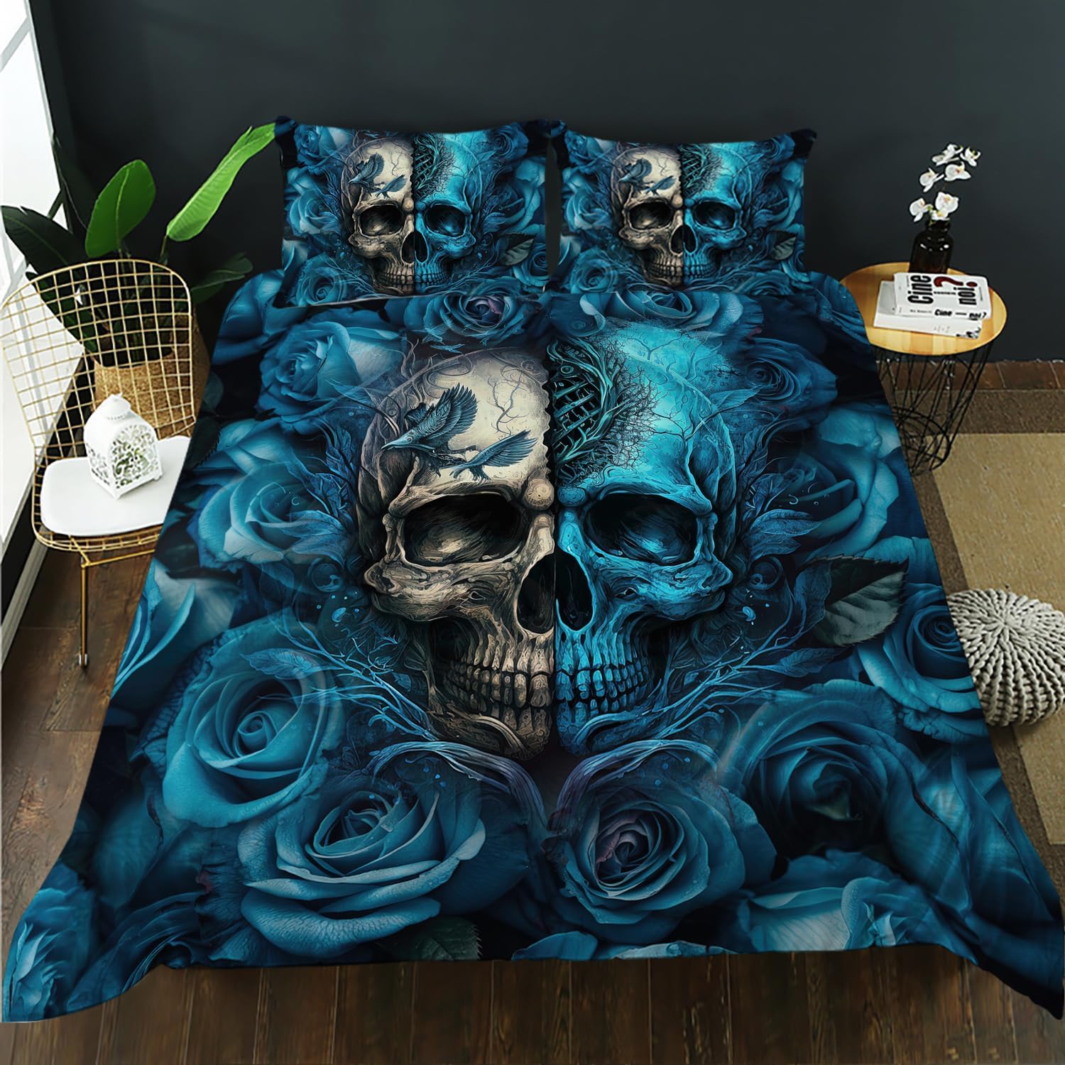 AILONEN 3D Blue Rose Skull Bedding Sets for Teen Boys, Romantic Blue Duvet Cover Set,Skeleton Theme Bedding Set,Comforter Cover King Size,1 Quilt Cover 2 Pillowcases 3 Piece Skull94 King