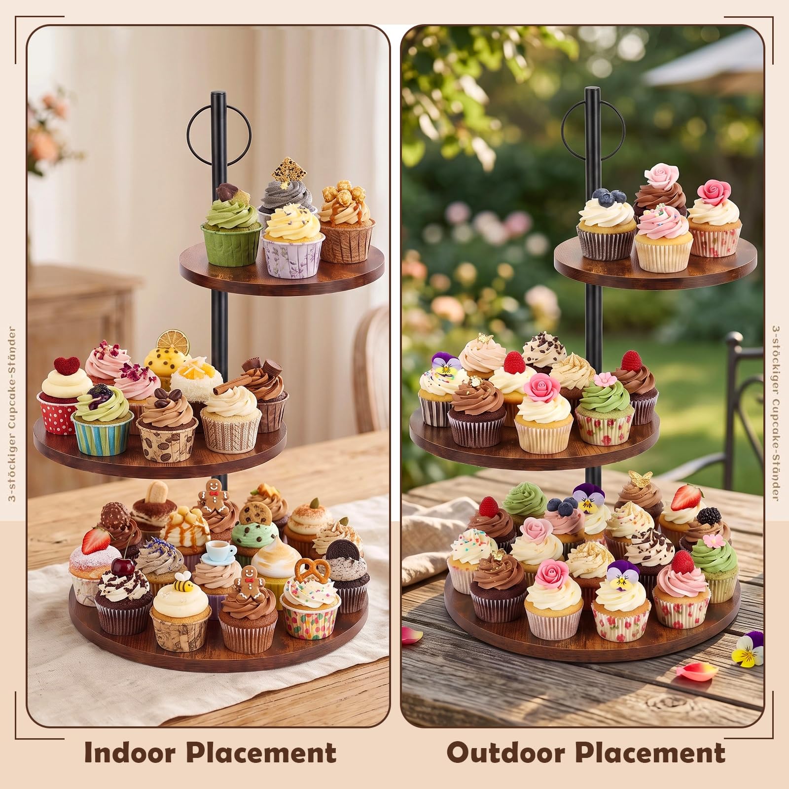 KOUHA Soporte de Madera para Cupcakes de 3 Niveles Soporte Redondo Grande para Cupcakes de Ø 30/25/20 cm Soporte de Madera para Postres Pasteles Queso Dulces Galletas y Frutos Secos