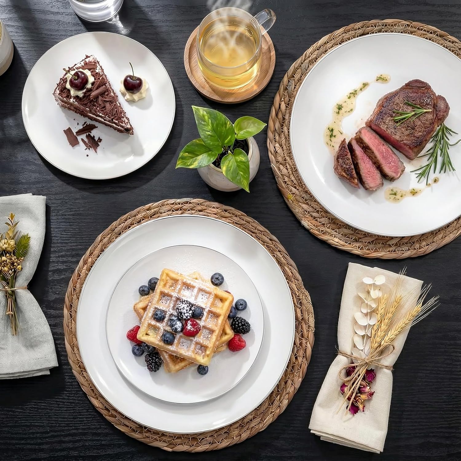 KIRE 100PCS Silver Plastic Plates - Heavy Duty White Disposable Plates with Silver Rim for Party/Wedding - Include 50Pcs 10.25inch Dinner Plates and 50Pcs 7.5inch Dessert Plates for Christmas - Image 5