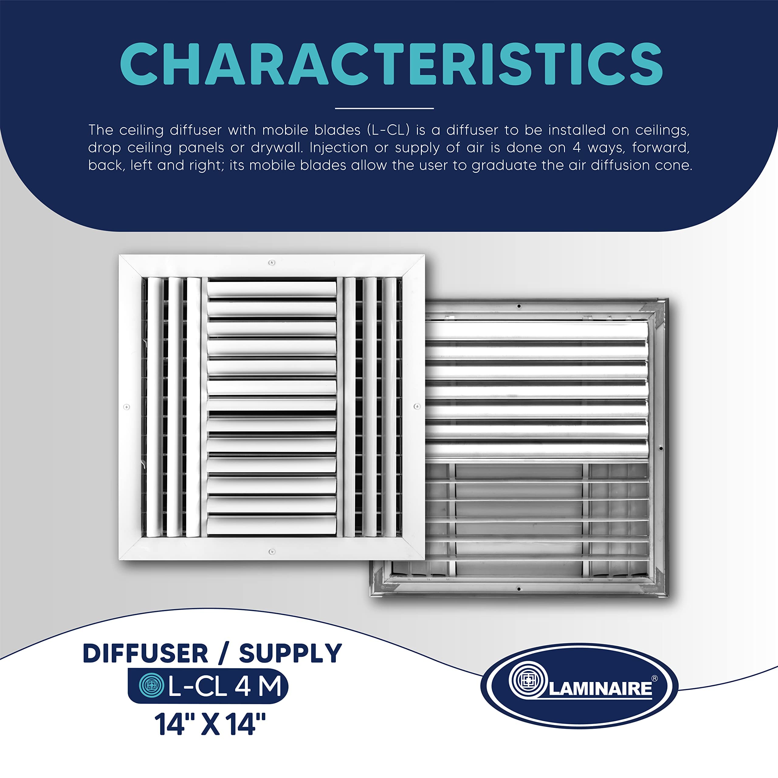 14 x 14 inch Ceiling Vent Cover in Aluminum, Air Diffuser HVAC air Supply Vent. 4 Way air Direction with Adjustable Curved Blades. White. The Duct Hole Must Measure 14" x 14" to fit.