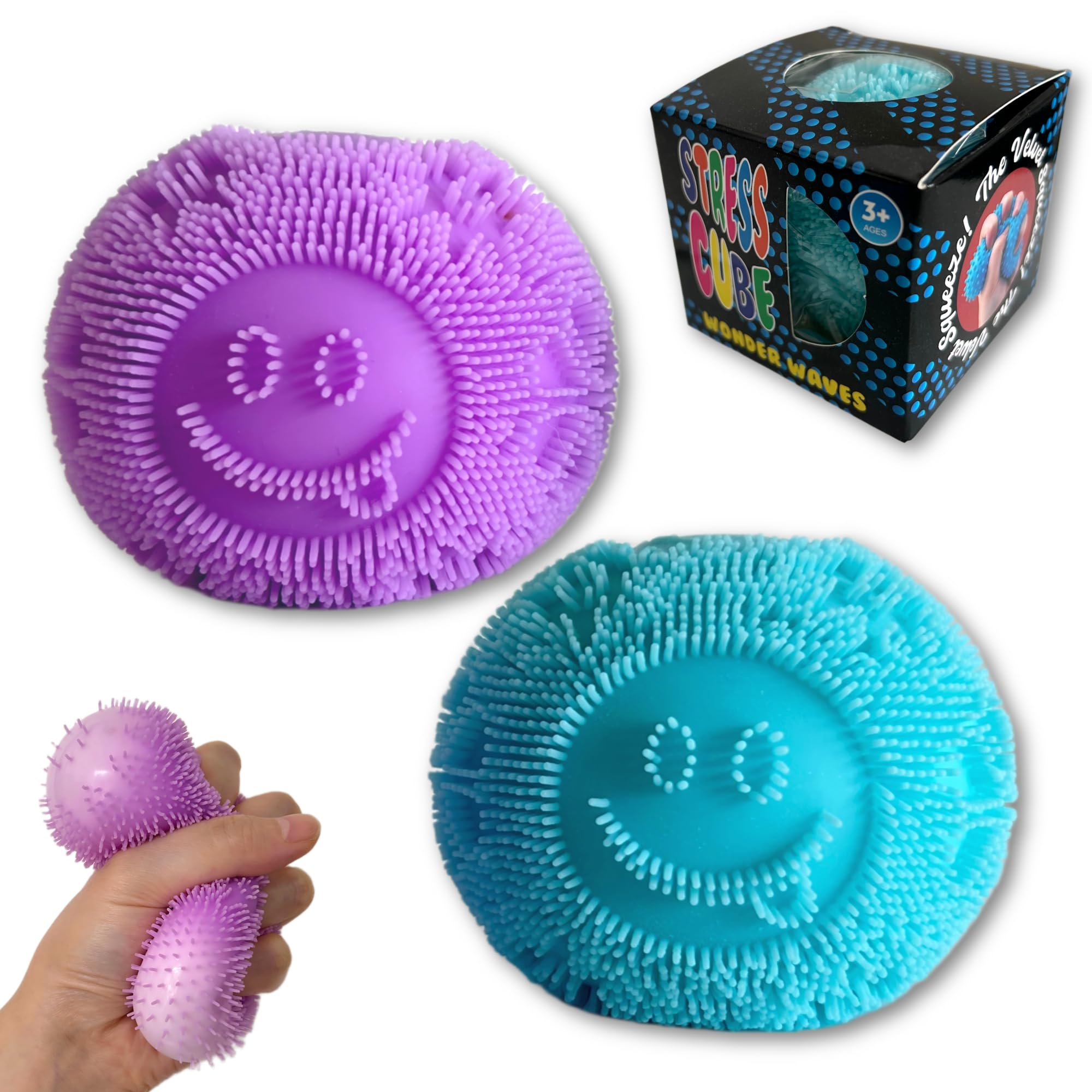 Furrbudie 2 Pack Fuzz Ball Squishy with Colourful Gift Box, Soft Fuzzy Slow Rising Squeeze Stress Ball for Adults, Blue and Purple Desk Gift Set
