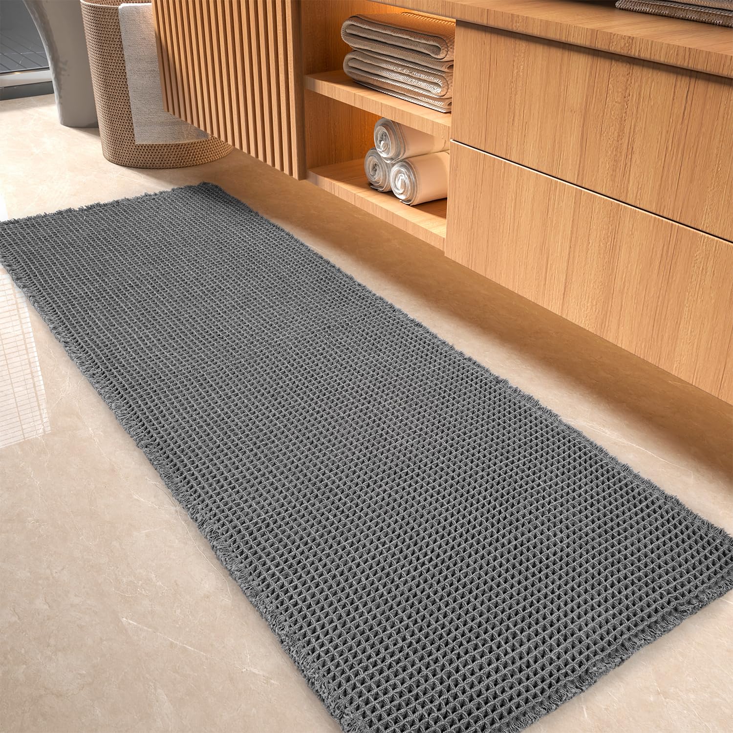 tchdio Waffle Bath Mat-Runner Rug, Super Absorbent Non Slip Bath Mats for Bathroom Machine Washable Long Rugs with Tassels, Bath Rugs for Bathroom