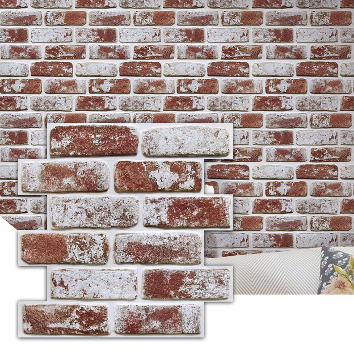 Commomy Faux Brick Peel and Stick Wall Panels - 10 pcs 11.8”x 11.8”Small Size PVC Printable Whitewash Red Brick Wallpaper Tile Backsplash for Kitchen,
