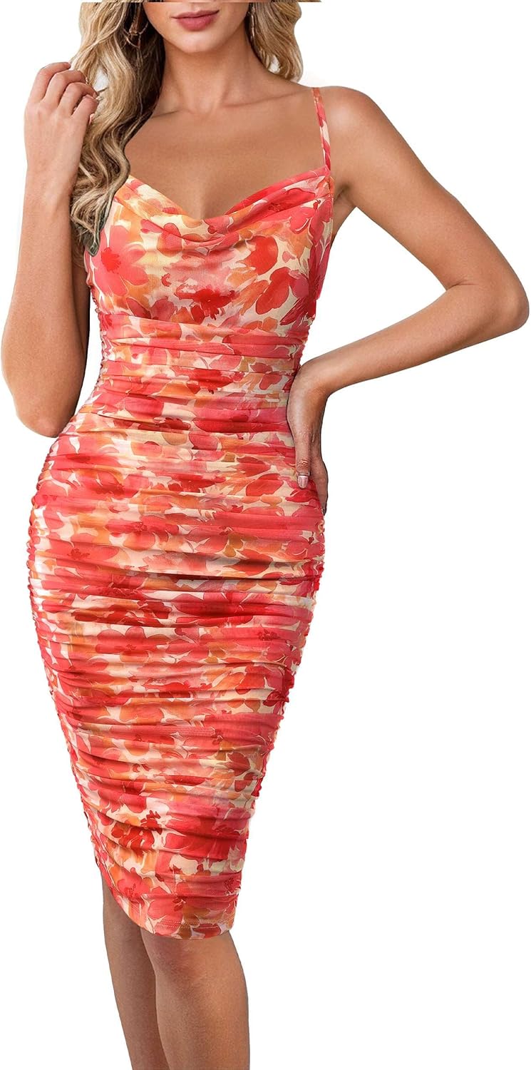 VFSHOW Womens 2025 Spaghetti Strap Ruched Bodycon Cocktail Dress Sexy Cowl Neck Backless Fitted Wedding Guest Party Dresses